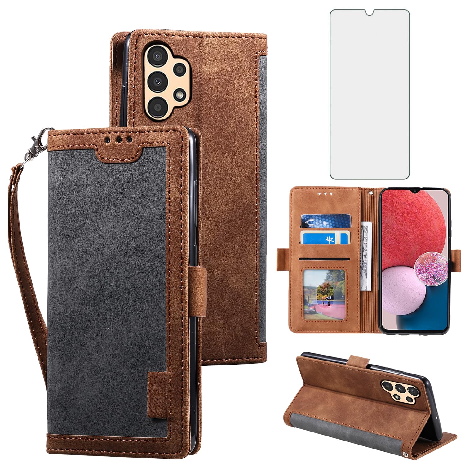 Asuwish Phone Case for Samsung Galaxy A13 4G Wallet Cell Cover with Tempered Glass Screen Protector Lanyard Flip Credit Card Holder Slot Stand A 13