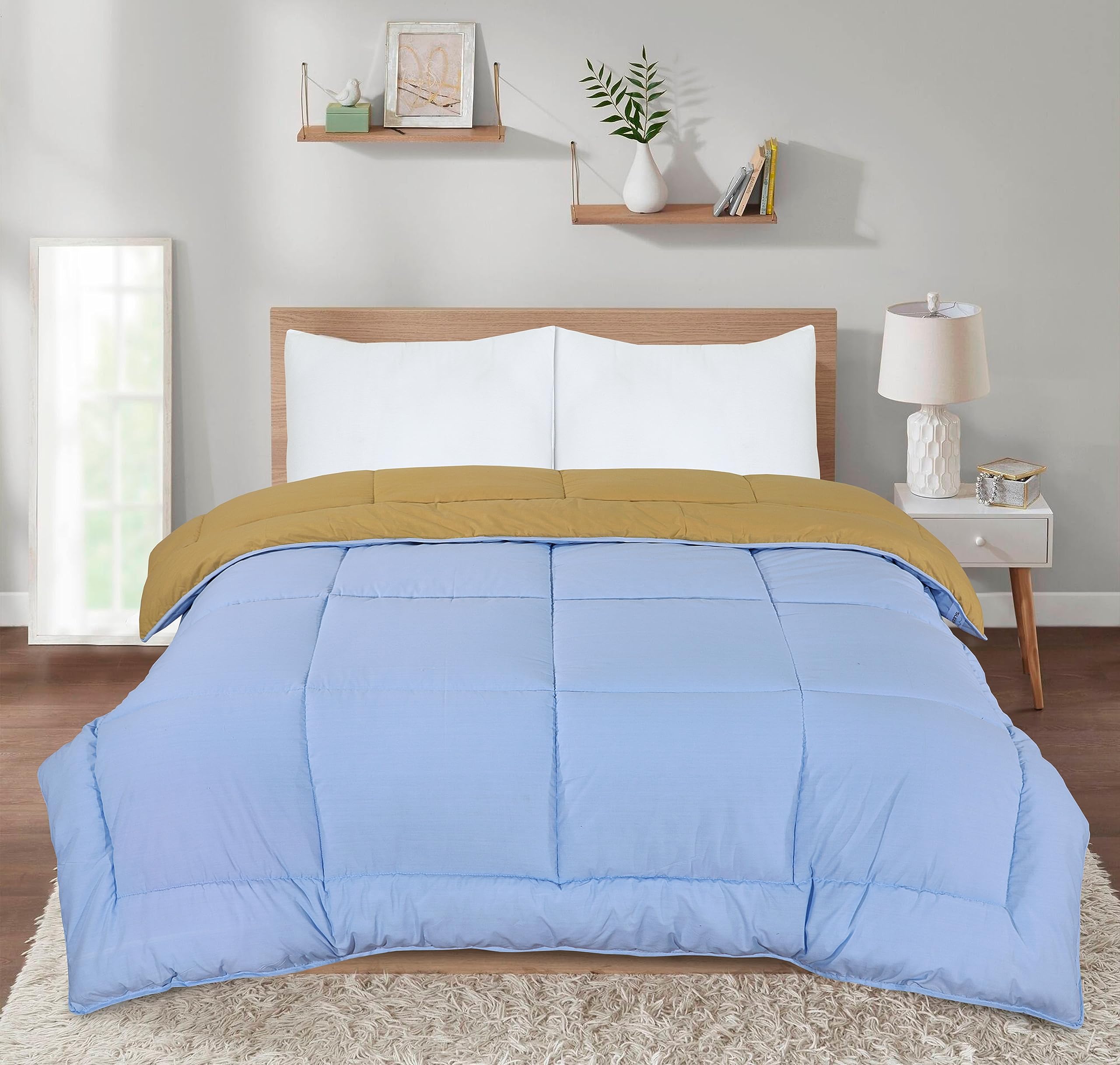 SleepyNights 13.5 tog Box Stitching Reversible Coverless Polycotton Duvet - Sand and Sky Blue - Double