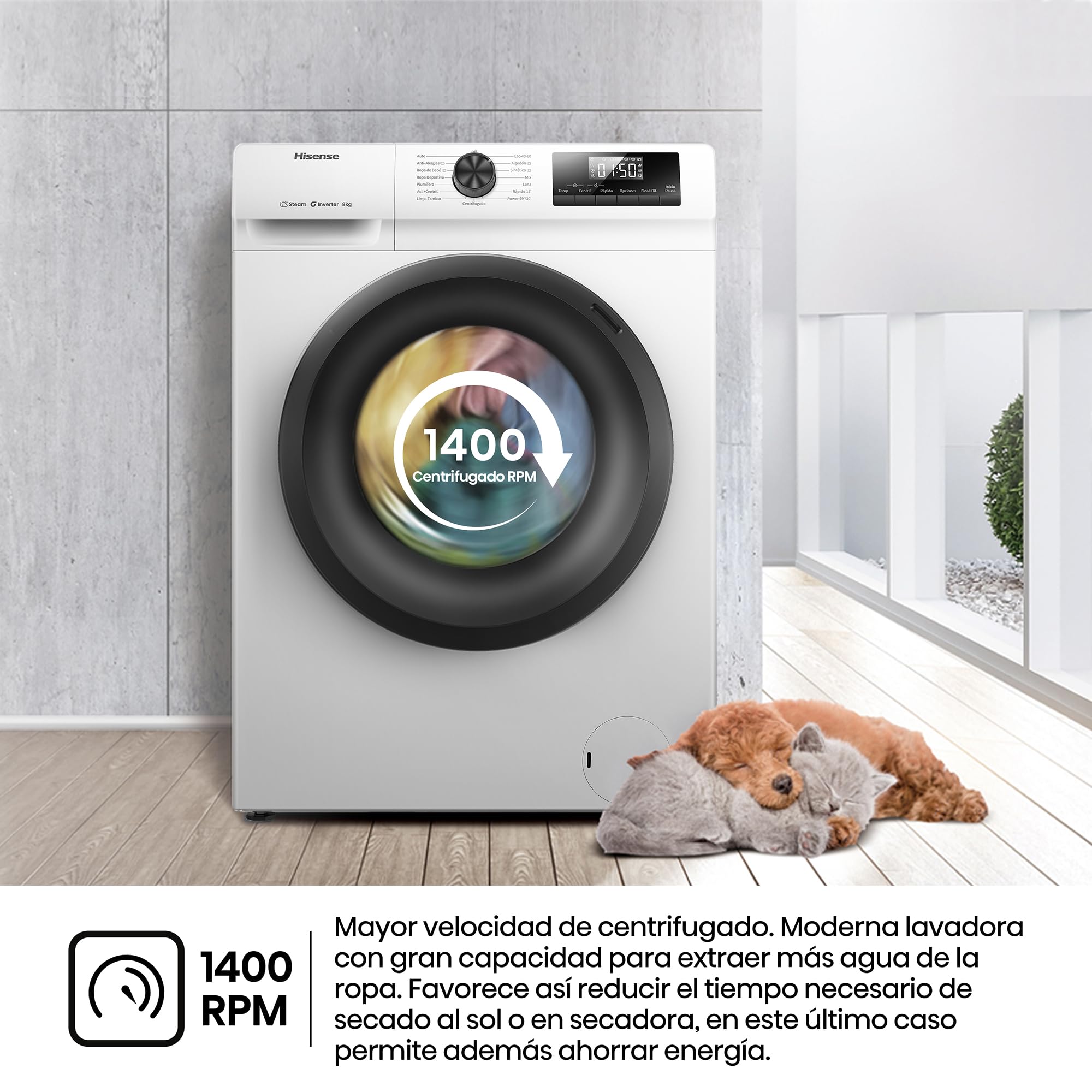 Hisense WF1Q8041BW - Lavadora, Class A, 8 Kg, 1400 rpm, Alto 85 cm x Ancho 60 cm, Color Blanco, Función Vapor 99,9%, Lavado Rápido+, Lavado Automático, Finalización Diferida, Tecnología Inverter