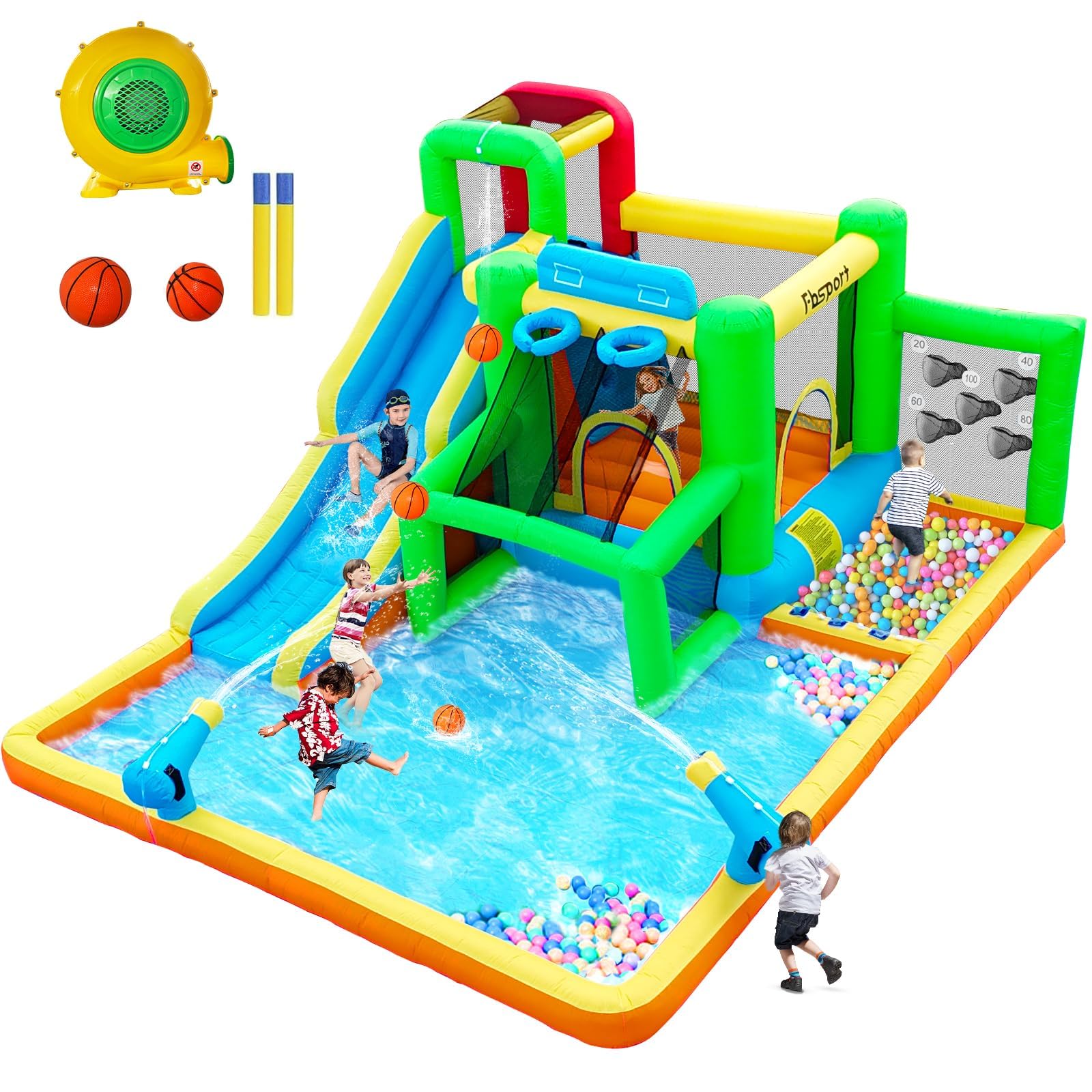 FBSPORT Inflatable Bouncy Castle with Blower, Dry/Water Slide Water Park for Kids Outdoor Indoor Garden, Water Bouncy Castle with Spray Climbing Wall Trampoline Basketball Hoop, 425 x 355 x 215 cm