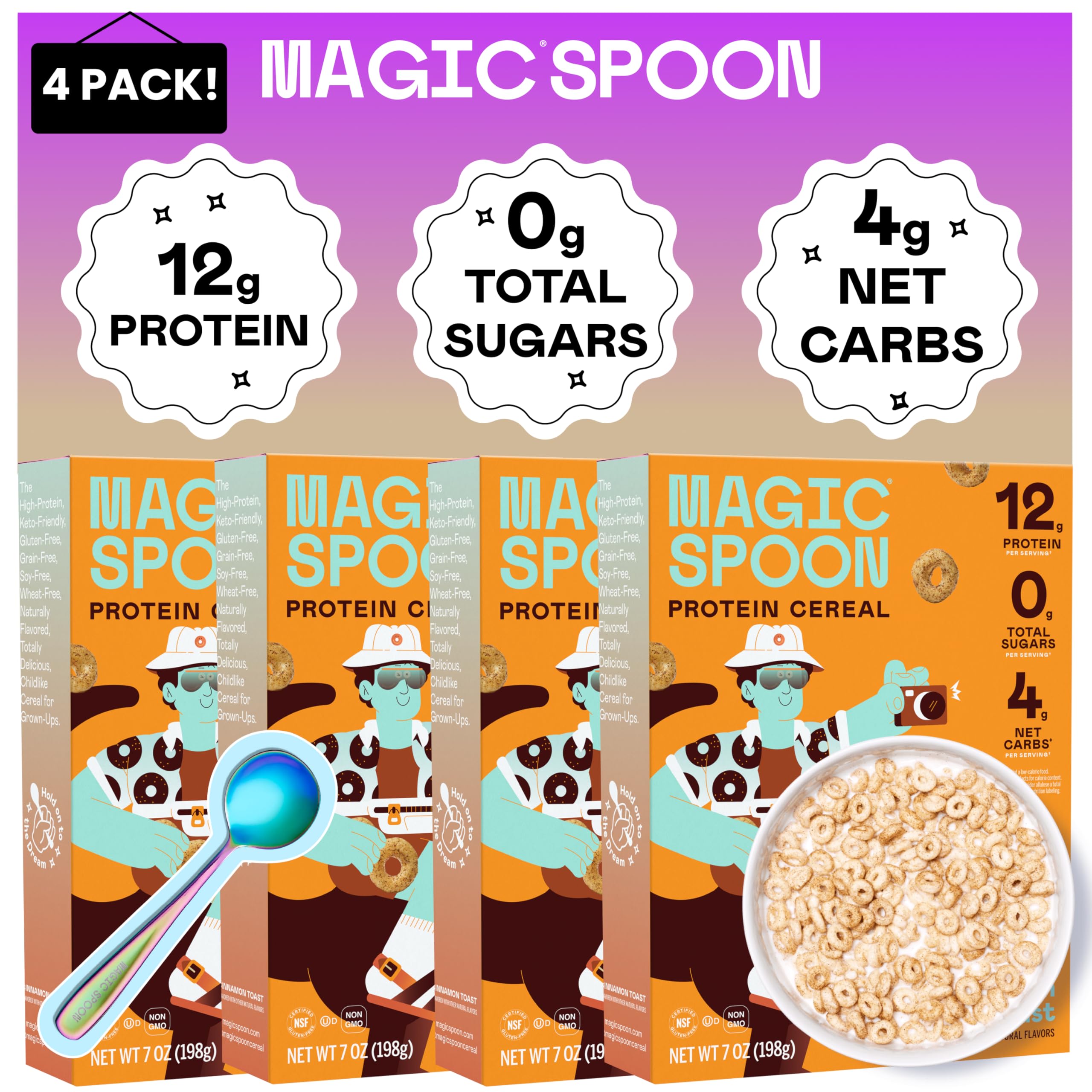 Magic Spoon High Protein Cereal with Exclusive Spoon - Sugar Free Snacks & Breakfast Food - Grain & Gluten Free Cereal - Low Carb & Keto Friendly - 4 Pack, Cinnamon Toast
