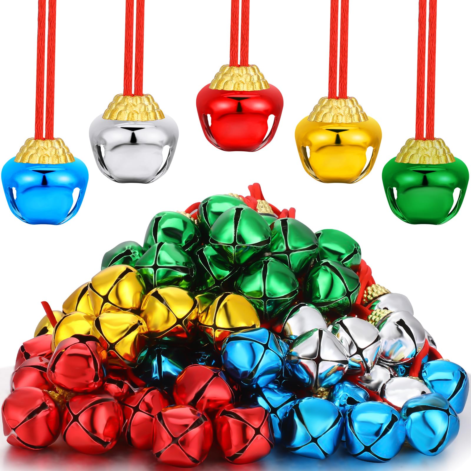 Sumind 100 Pieces Christmas Bell Necklaces Large Bell Necklaces with Connect Ribbons Bulk for Christmas Supplies or Craft Holiday Party Supplies
