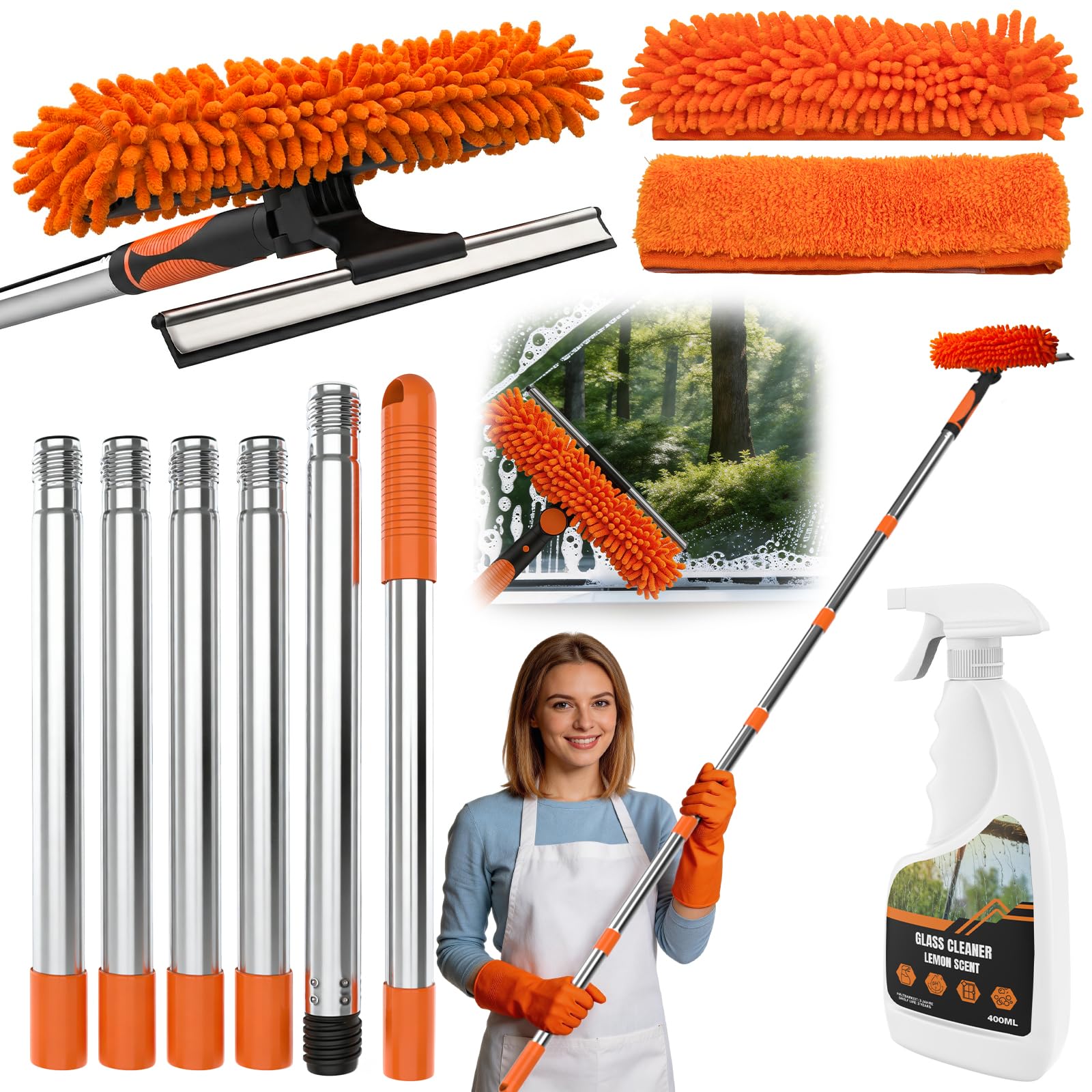 Window Cleaning Squeegee & Washer Set, 2-in-1 Window Cleaning Equipment with 2m(6.6Ft) Extendable Pole & 400ml Glass Cleaner,Streak-Free Cleaning for Windows, Glass Doors & Mirrors