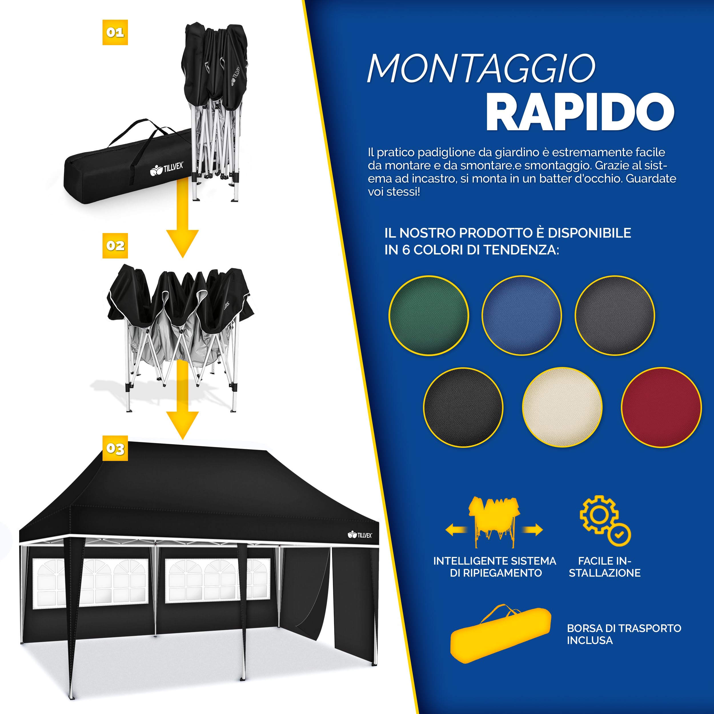 tillvex Gazebo 3x6m da Giardino | Gazebo pieghevole regolabile in altezza | Tenda Pop up impermeabile da protezione UV 50+ | Tenda Padiglione + Sacca di Trasporto (Nero - con 3 pannelli laterali)