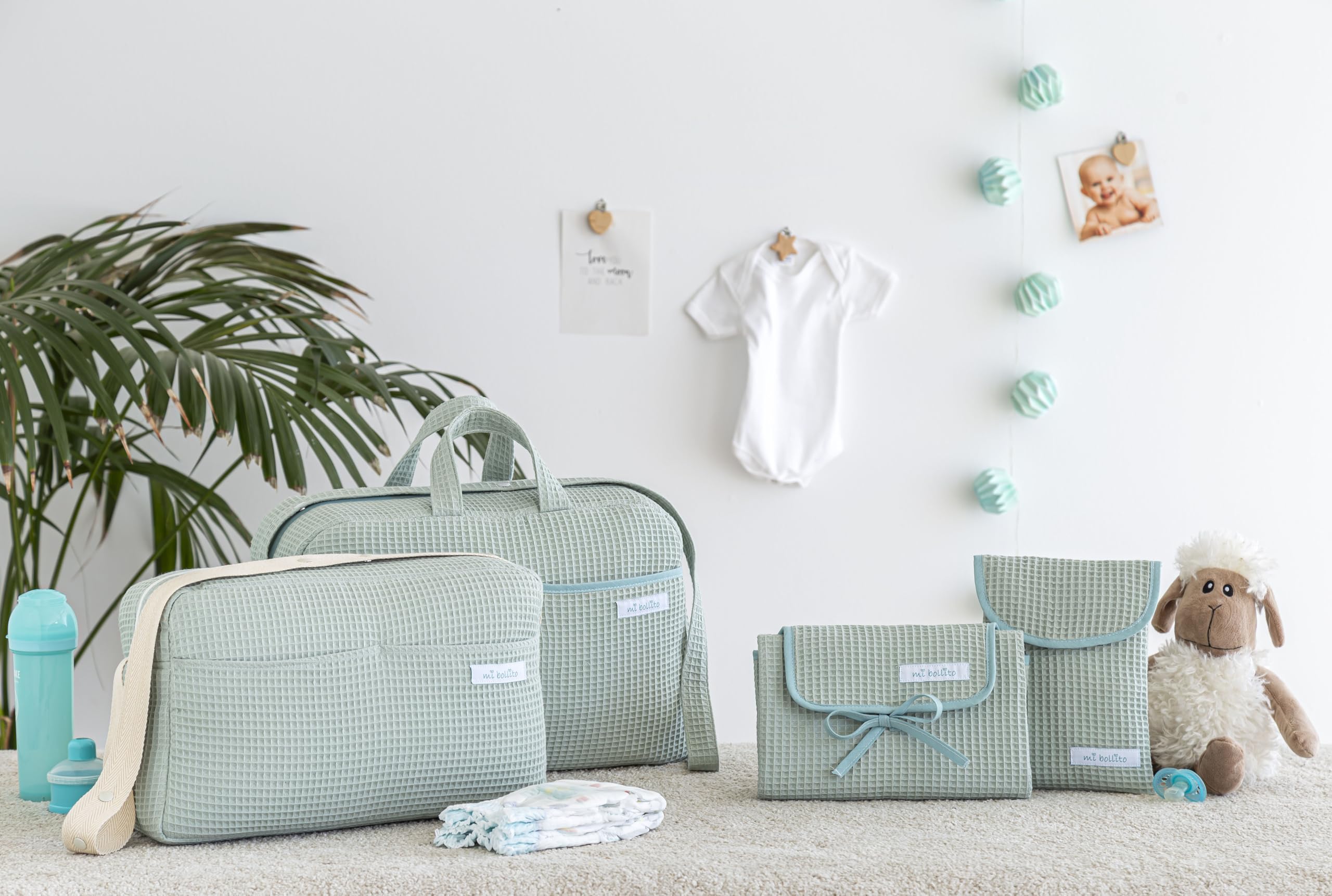 Confezione essenziale per mamme, papà e neonati: borsa maternità, borsa da passeggio, fasciatoio portatile e organizer per pannolini e salviette. Prodotto in Spagna., Verde menta, Talla