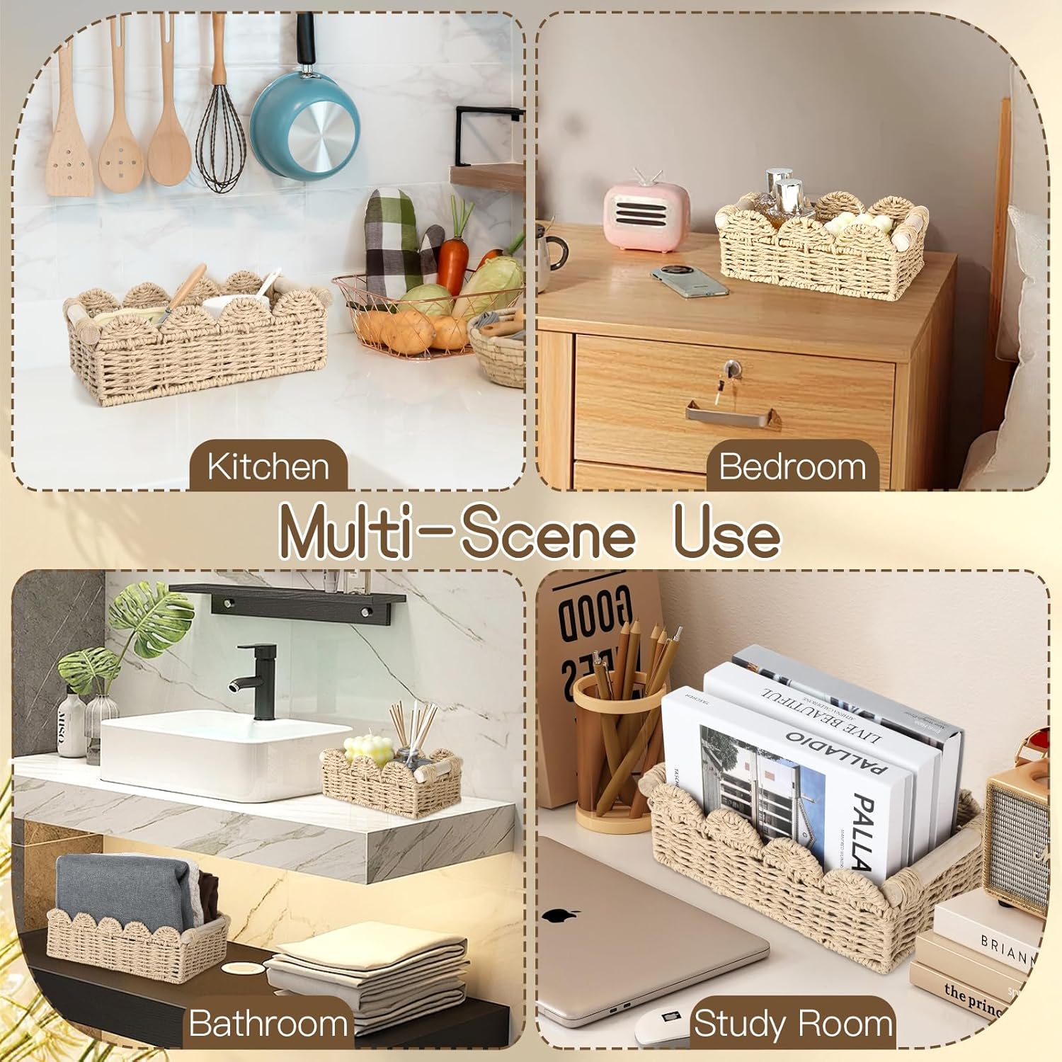 3 Pack Scalloped Edge Storage Baskets, Toilet Paper and Decor Organizer with Wooden Handles for Bathroom Over Toilet, Living Room, Bedroom, Shelves and End Table (Beige)