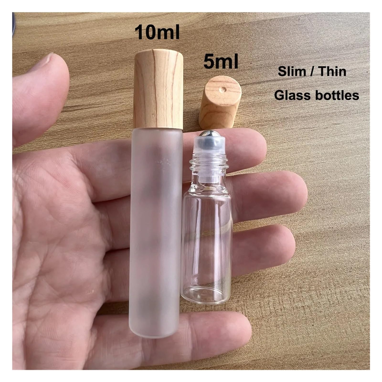 Roll On Flasche 20 x 50 x Rollflaschen aus Glas for ätherische Öle, 1/2/3/5/10 ml, mattiert, durchsichtig, Roll-On-Fläschchen, Holzoptik