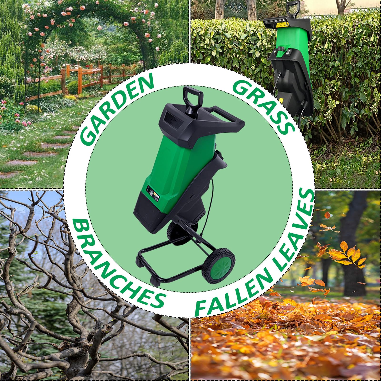 Trituradora eléctrica de jardín, trituradora de madera eléctrica para jardín, con bolsa de colección de 50 L, incluye émbolo, para residuos de patio, ramas y hojas verde-A