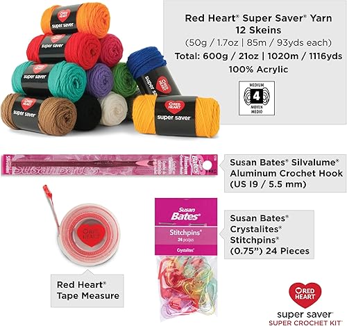 Miniatura 8 de Red Heart Super Saver - Kit de estambre Super Yarn para croché, con accesorios para proyectos tejido, croché y amigurumi