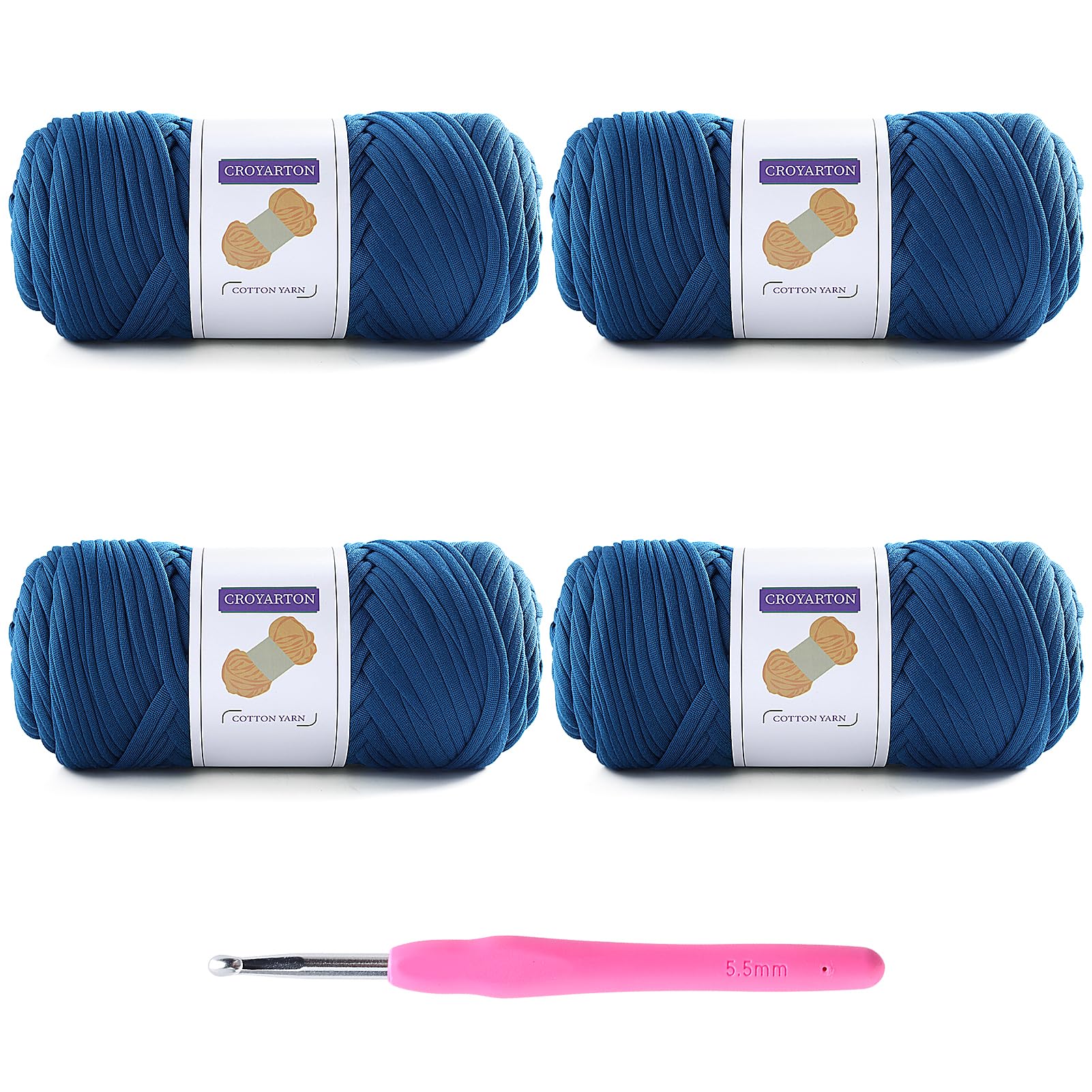 4 Pack Tshirt Yarn for Crocheting, Elastic T Shirt Spaghetti Thick Knitting Yarn Total Length 260 Yds for Crochet Bag Baskets Home Decor with 1 Crochet Hook (4-Dark Blue)