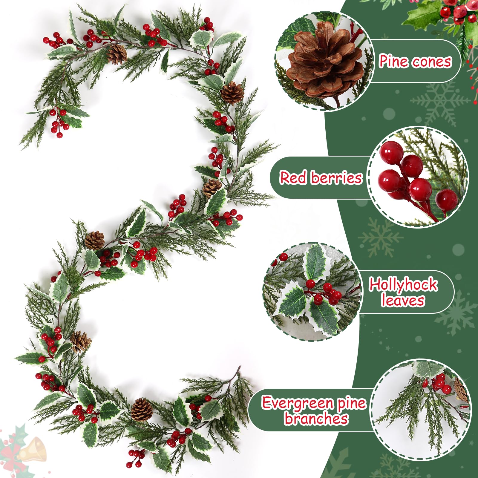 Betylifoy Lot de 2 guirlandes de Noël artificielles de 1,8 m avec aiguilles de pin, feuilles de houx en rotin avec baies rouges à suspendre pour cheminée de Noël, décoration d'intérieur (2 pièces, 1,8