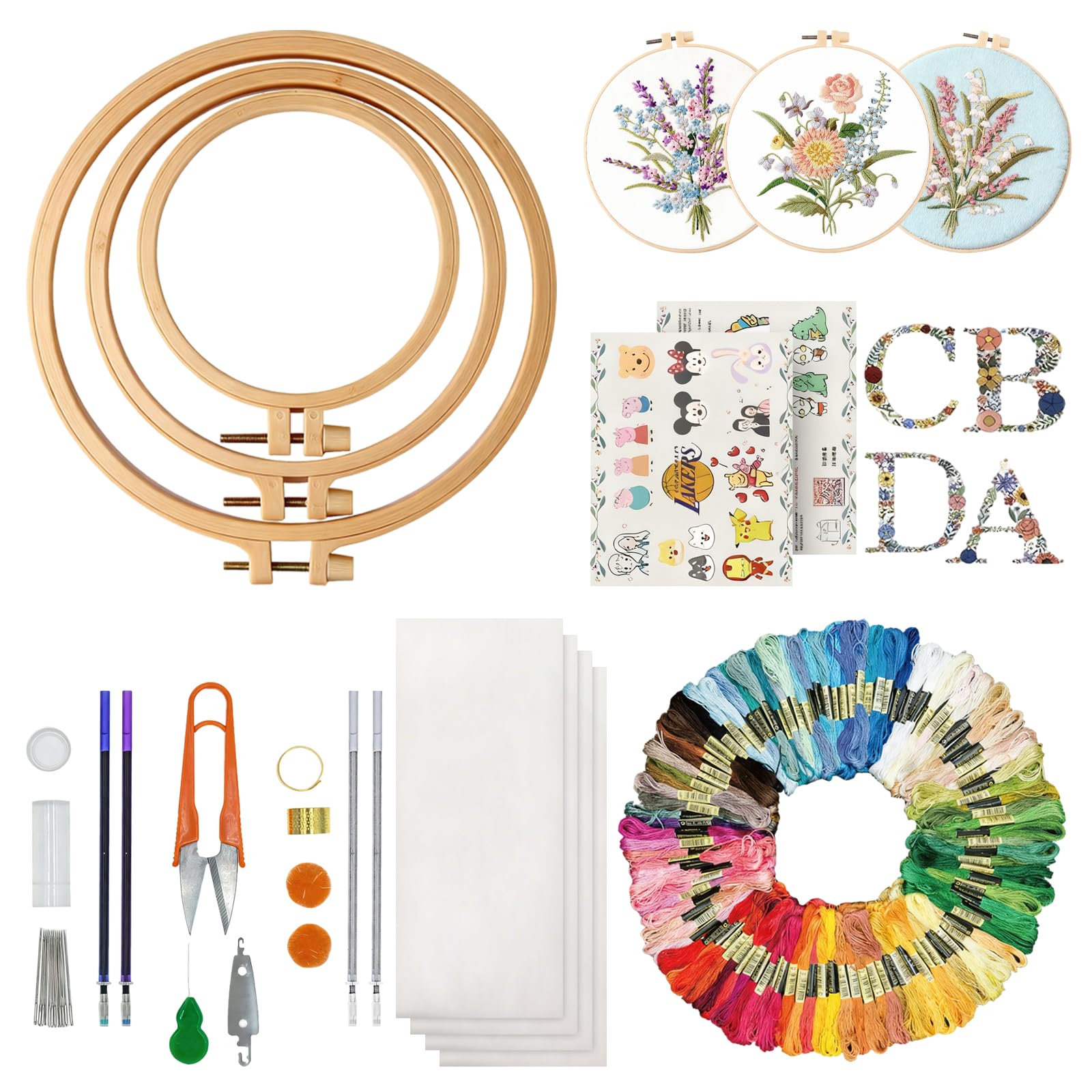 XIAOjnHONG Embroidery Starter Kit, 130 Pcs Cross Stitch Kit with 100 Colors Embroidery Threads 3 Imitation Bamboo Frames and Cross Stitch Tools Kit for Sewing Hand Embroidery Kit for Beginners Adults