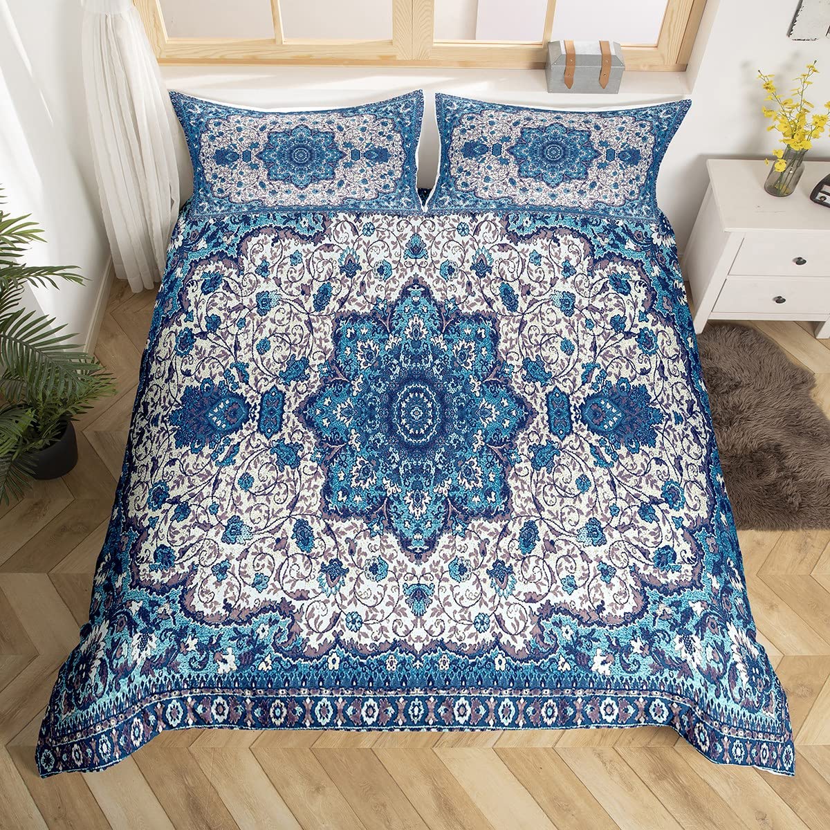 Homewish Oriental Medallion Duvet Cover Double Flower Bedding Set Vintage Paisley Comforter Cover Retro Rustic Farmhouse Bed Set Hippie Floral Bedding With 2 Pillowcase Zipper Closure