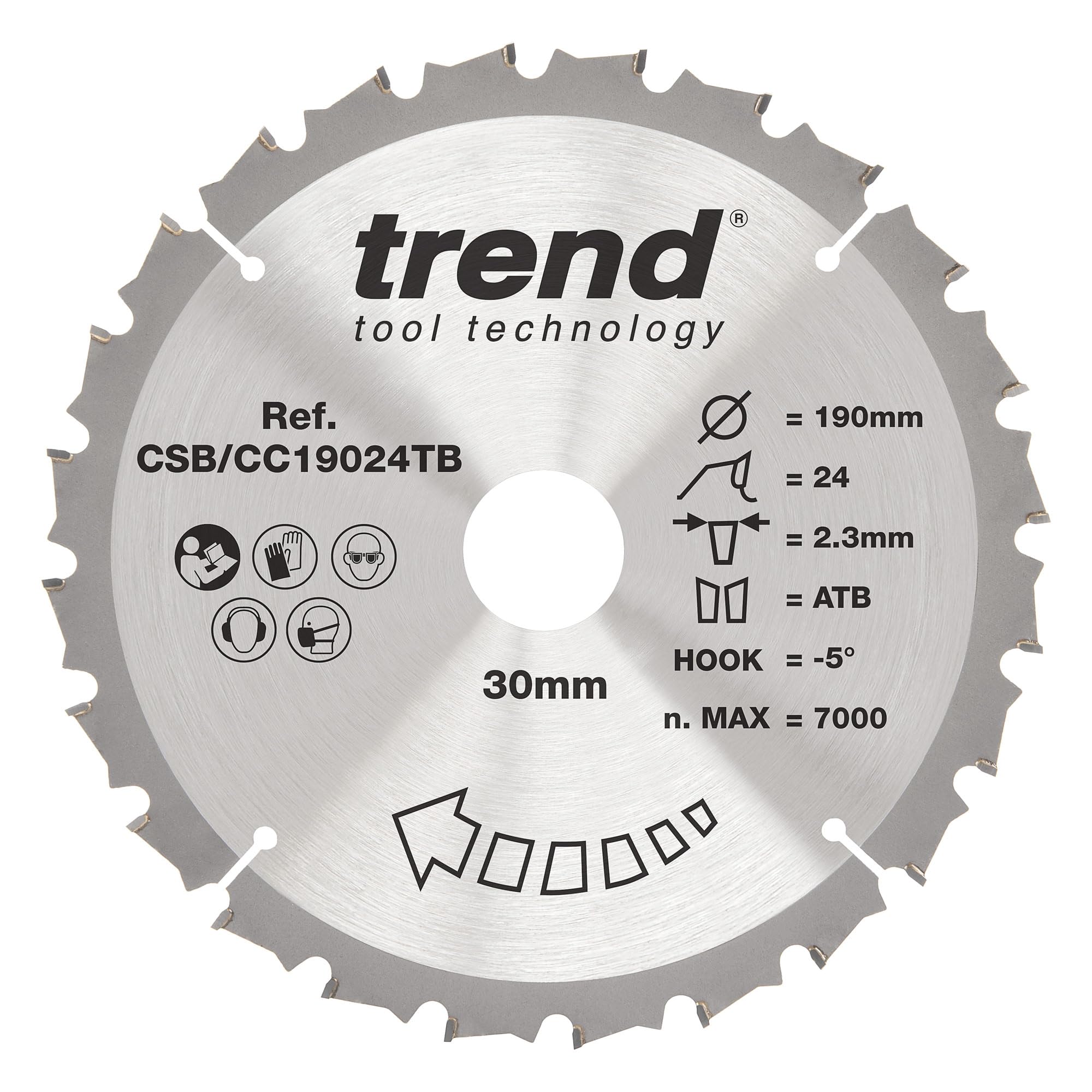Trend Wood Cordless Mitre Saw Blade, 190mm Diameter, 30mm Bore, 24 Teeth, 2.3mm Kerf, -5° Hook, TCT, Medium Finish, CSB/CC19024TB