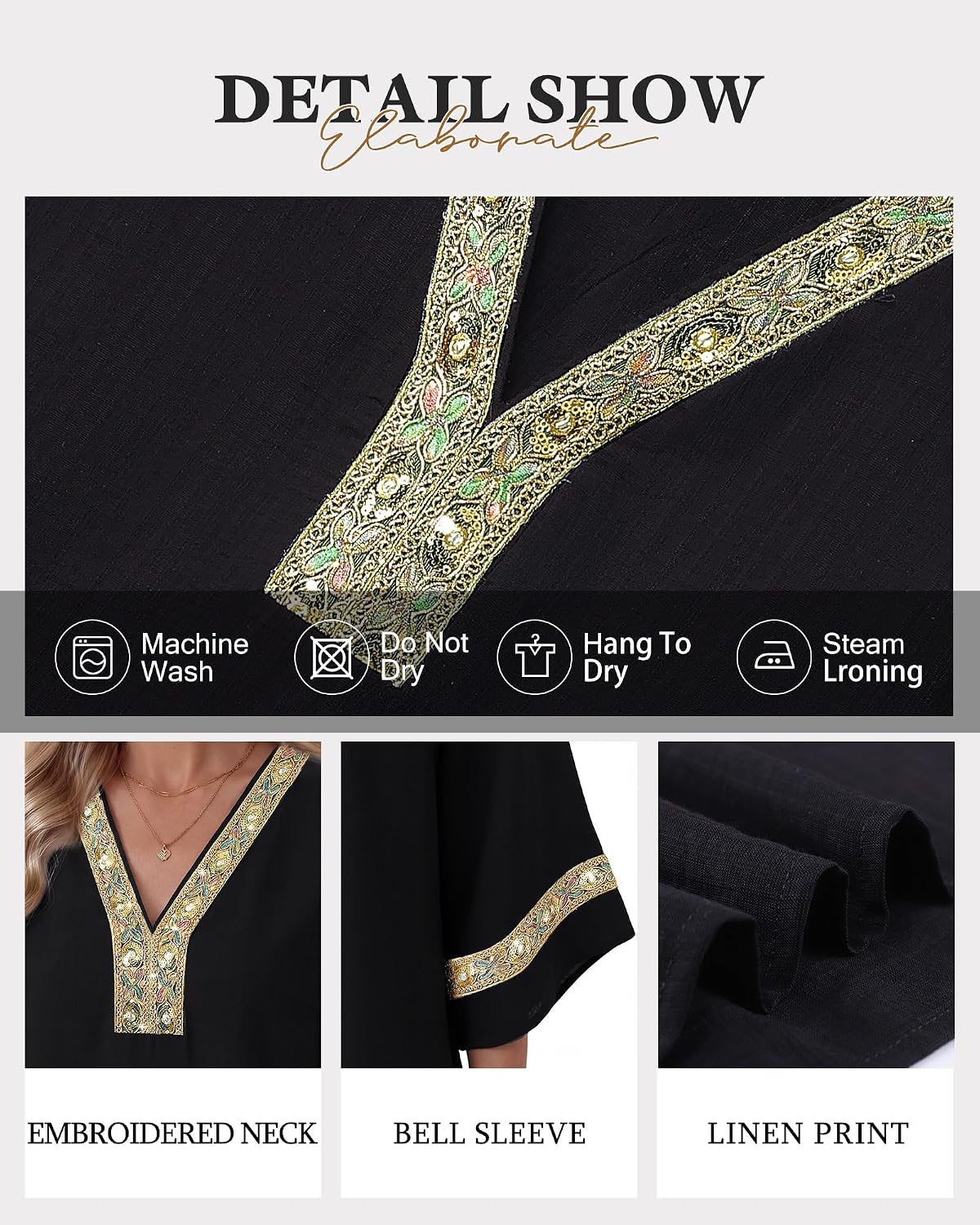 Bebonnie Womens 3/4 Sleeve Embroidered V Neck Boho Blouses Old Money Dressy Casual Tunic Tops - Image 6