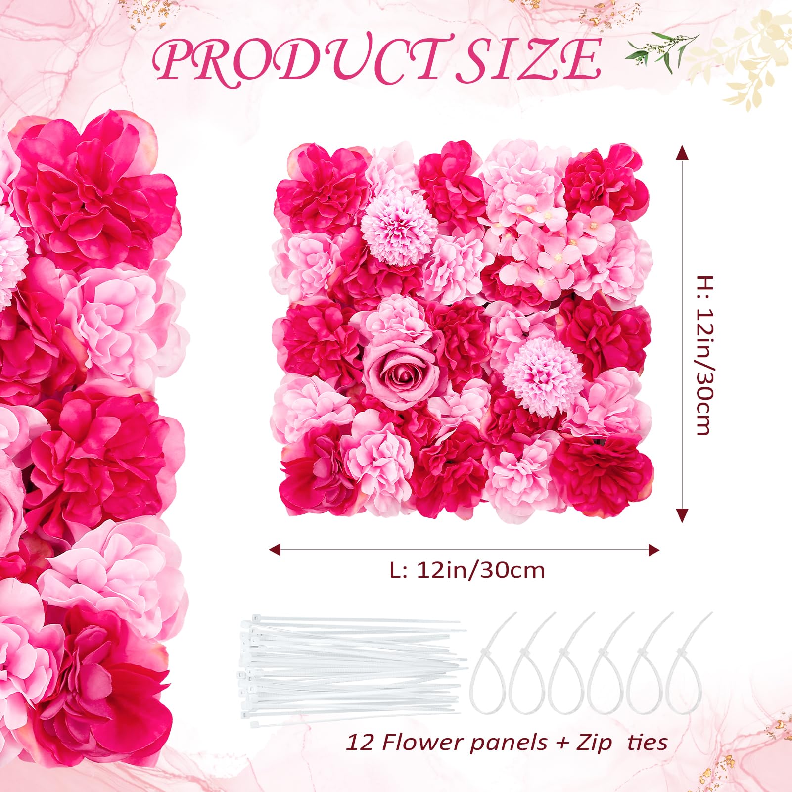 Omldggr 12 Pack 12 X 12 Inch Square Silk Floral Panels, Decorative Vibrant Flower Wall for Wedding Birthday Party Versatile Decor, Easy Installation, Reusable and Perfect for Indoor Outdoor Use