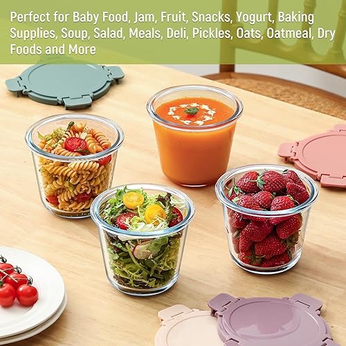 Miniatura 7 de [Tapa mejorada] 4 juegos de 3 tazas/24 onzas de vidrio borosilicato recipientes para preparación de comidas con tapas, tarros de almacenamiento