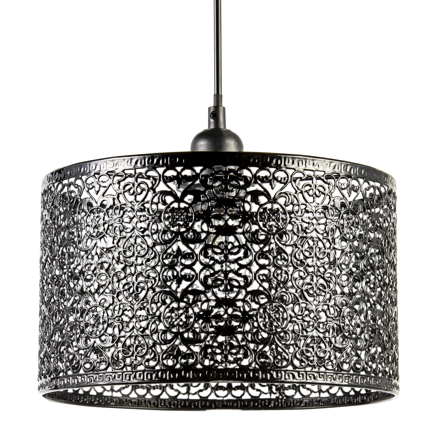 Happy Homewares Black Ornate And Classic Moroccan Style Designed Gloss Metal Ceiling Pendant Lamp Shade 25Cm X 15Cm | 11W Maximum| Circular Metal Shade By