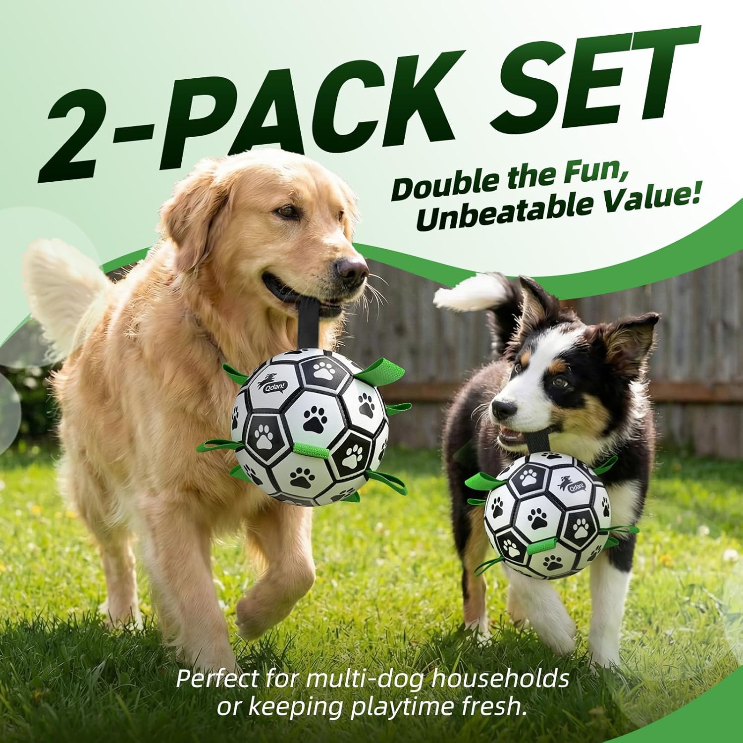 QDAN 2 PCS Dog Toys Soccer Ball Set with Straps, Interactive Dog Toys for Tug of War, Puppy Birthday Gifts, Dog Water Toy, Durable Dog Balls for Medium & Large Dogs（6 & 8 Inch）