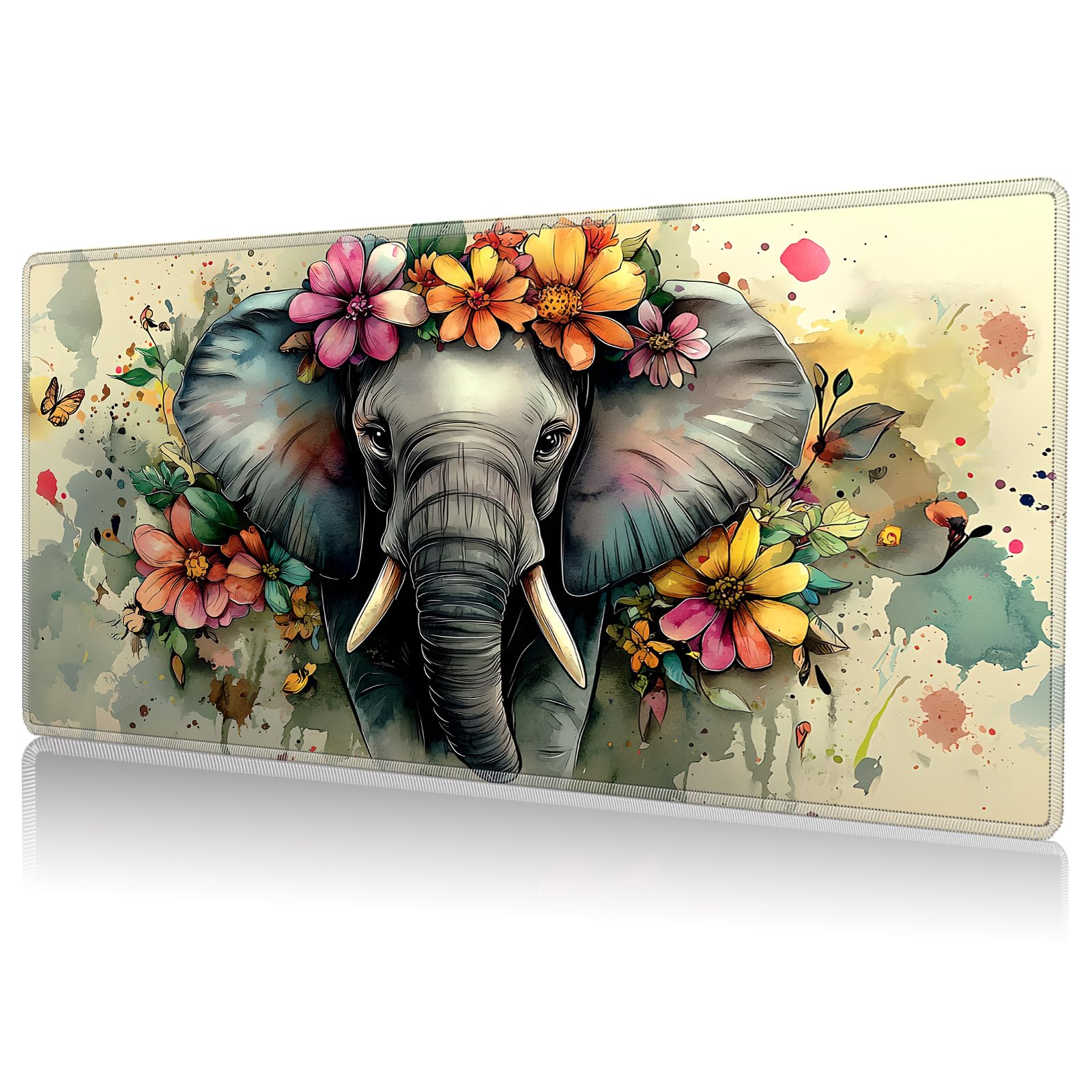 Tappetino da gioco per MTG, 61 x 35,6 cm, base in gomma antiscivolo e tappetino per mouse cucito, tappetino da scrivania per MTG TCG, acquerello elefante