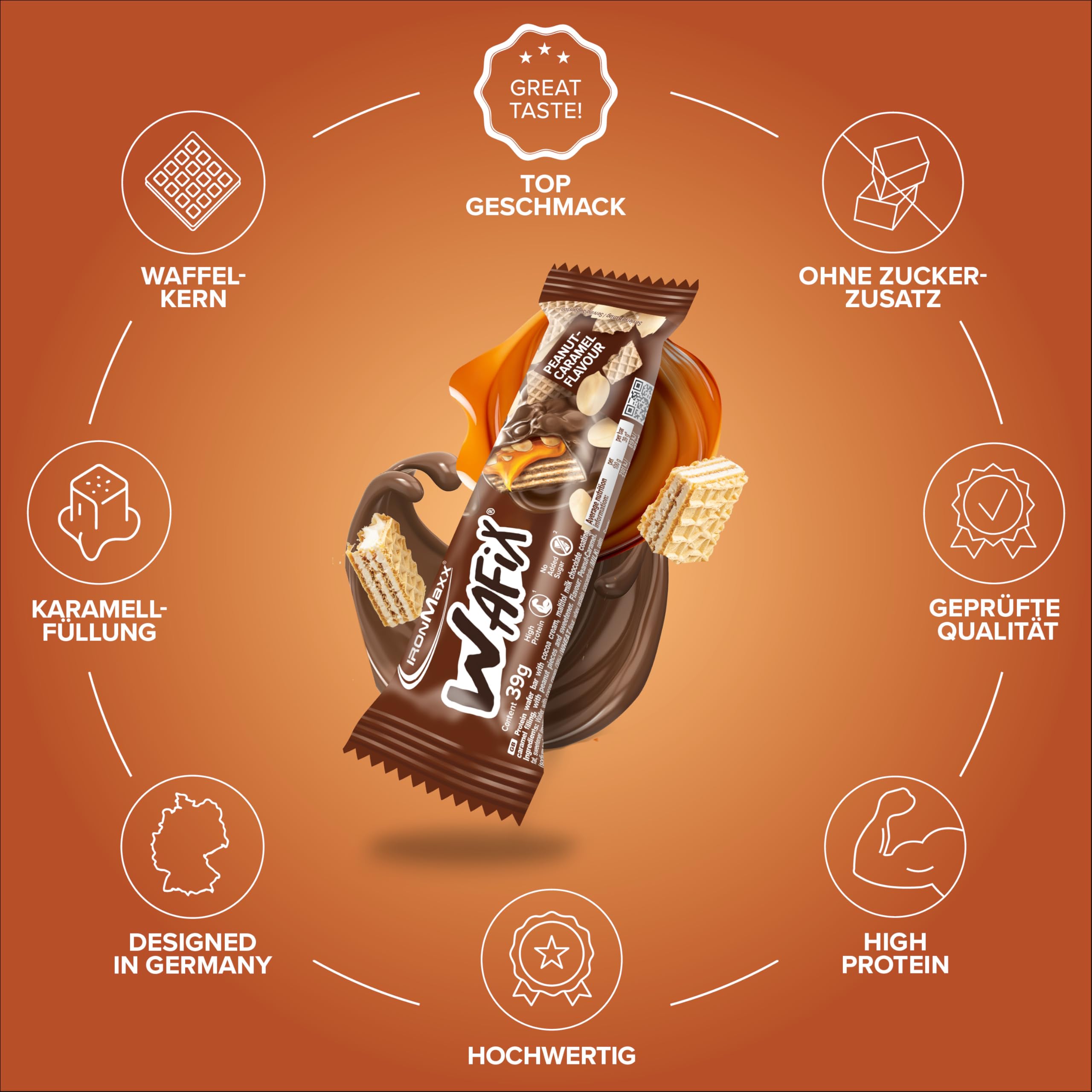 IronMaxx Wafix - Arachidi e caramello 24 x 39 g | Barretta proteica con pezzi di arachidi | A ridotto contenuto di zucchero e croccante