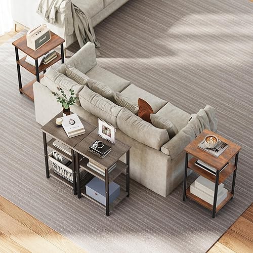 Miniatura 7 de DUMOS Mesa auxiliar, mesas de sofá laterales de 3 niveles para espacio pequeño, estante de almacenamiento, mesita de noche con pies ajustables para