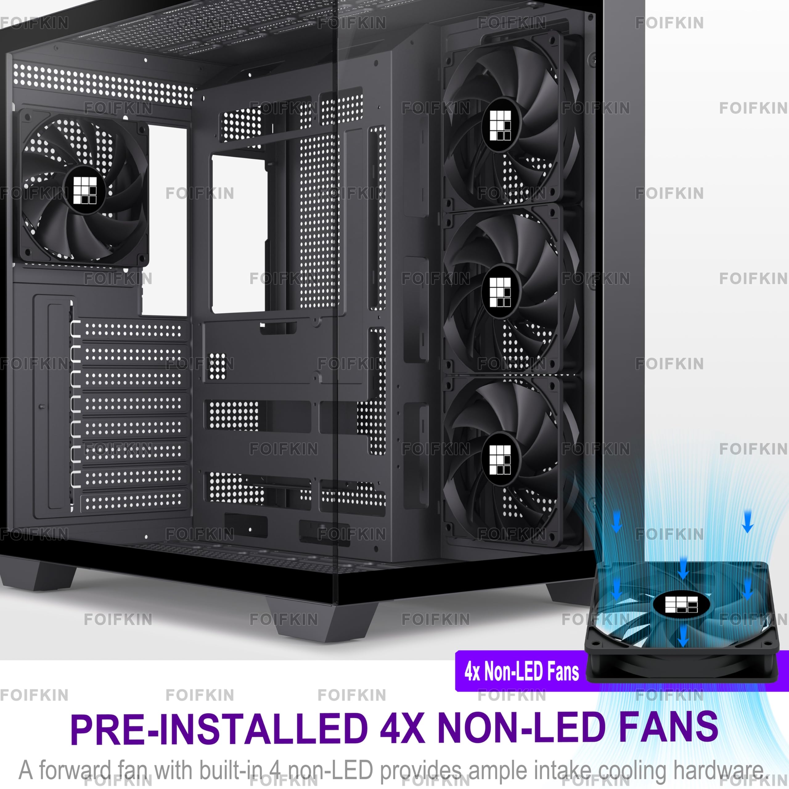 FOIFKIN F300 PC Gehäuse ATX mit 4 ohne RGB-Lüfter,Hoher Luftstrom Mid-Tower Computer Gehäuse,Gaming PC-Gehäuse Big Tower,ATX Gehäuse Schwarz,mit Type-C,360mm Radiator Computergehäuse (Schwarz, F300)