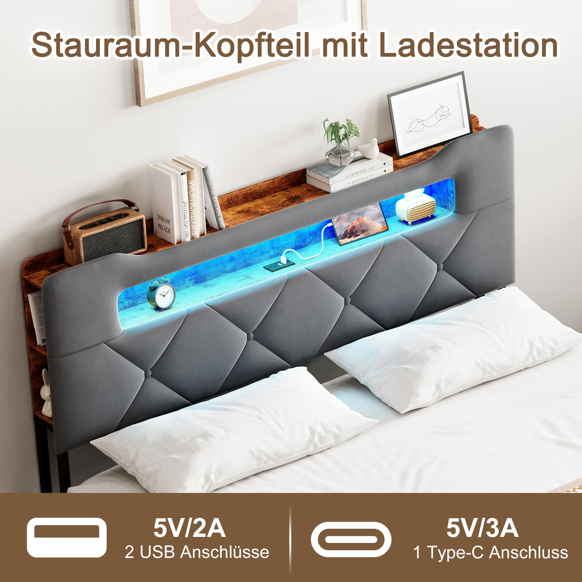 CDQL Łóżko tapicerowane podwójne 160 x 200 cm z 4 szufladami, łóżko młodzieżowe ze złączem USB i oświetleniem LED, zagłówek ze schowkiem, łóżko dla gości, łóżko funkcyjne, aksamit, szare