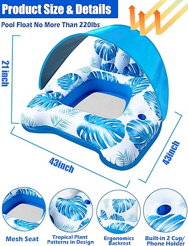 Miniatura 2 de AMENON Silla flotante XL para piscina, flotador de piscina para adultos con toldo ajustable de malla y asiento trasero, flotadores de piscina para