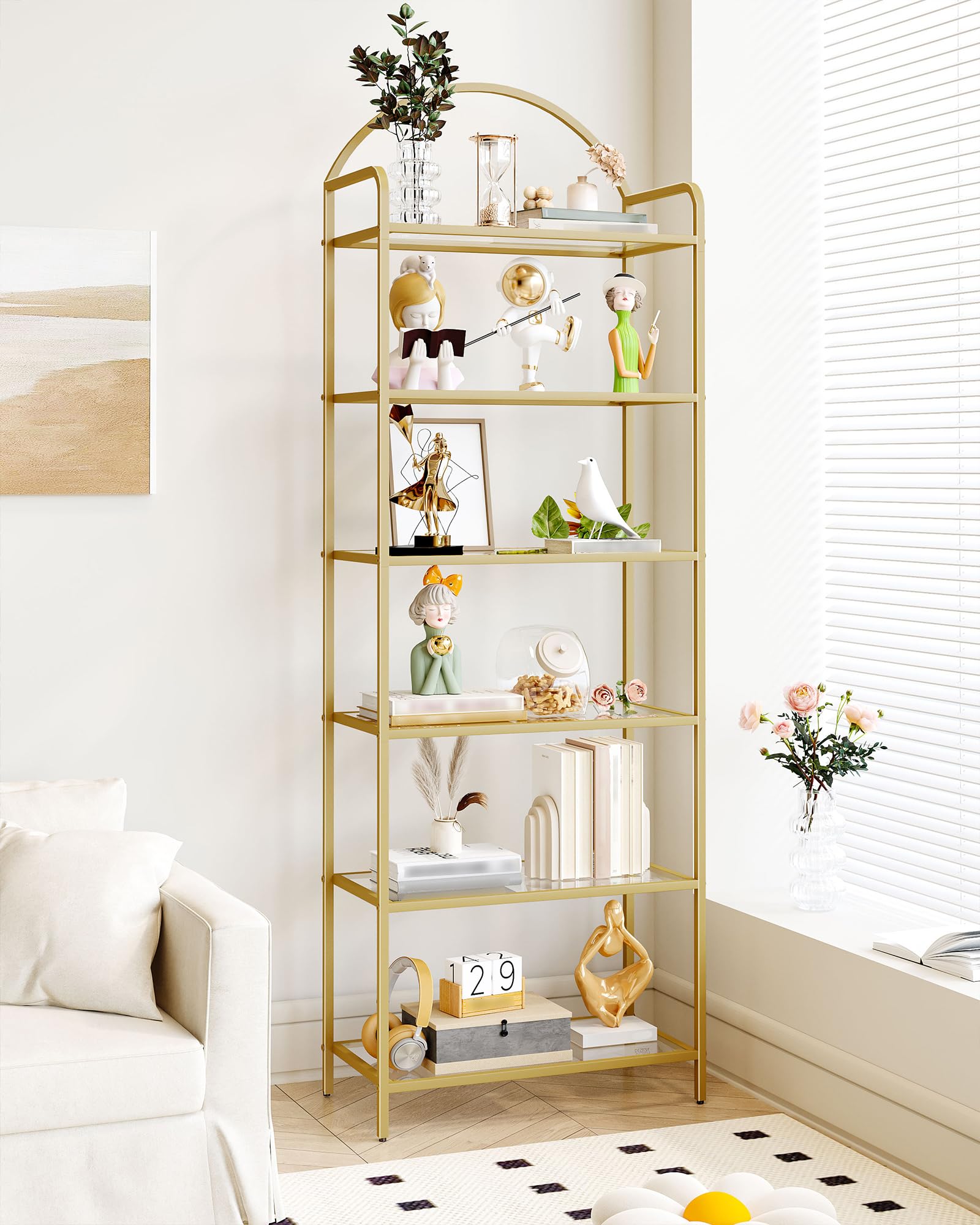 Hzuaneri Regal, Bücherregal aus gehärtetem Glas, schlankes Regal für Schlafzimmer, Badezimmer, Heimbüro, Stahlrahmen, 6 Ablagen Gold BC21699G