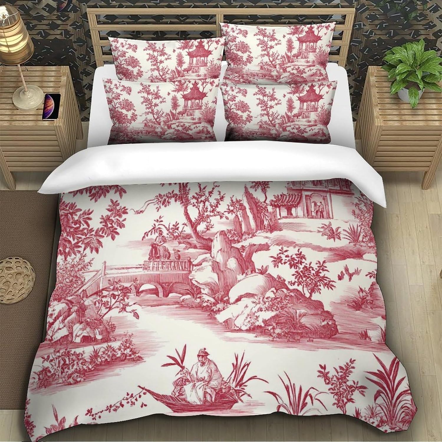 Funda Nordica Cama 180 Jardín de Estilo Chino Ropa de Cama 3D Estilo Acuarela 3 Piezas Suave Transpirable Microfibra Funda Nórdica 260x240 cm y 2 Fundas de Almohada 50x75 cm C.2449