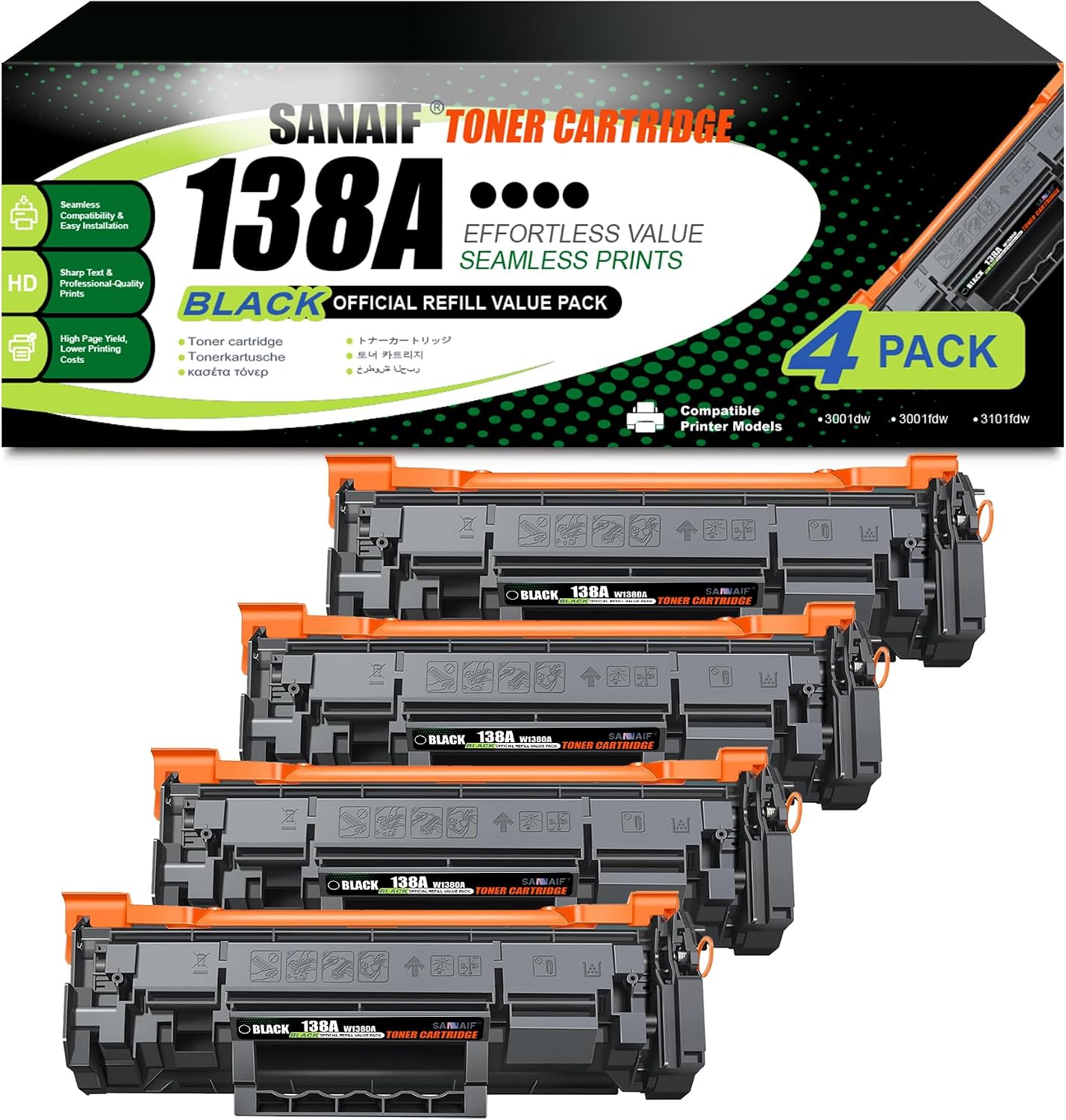 138A Black Toner Cartridges (4-Pack) High-Yield Pages with Chip Replacement for hp 138A W1380A Compatible with LaserJ Pro 3001dw 3001fdw MFP 3101fdw Printers|W1380A