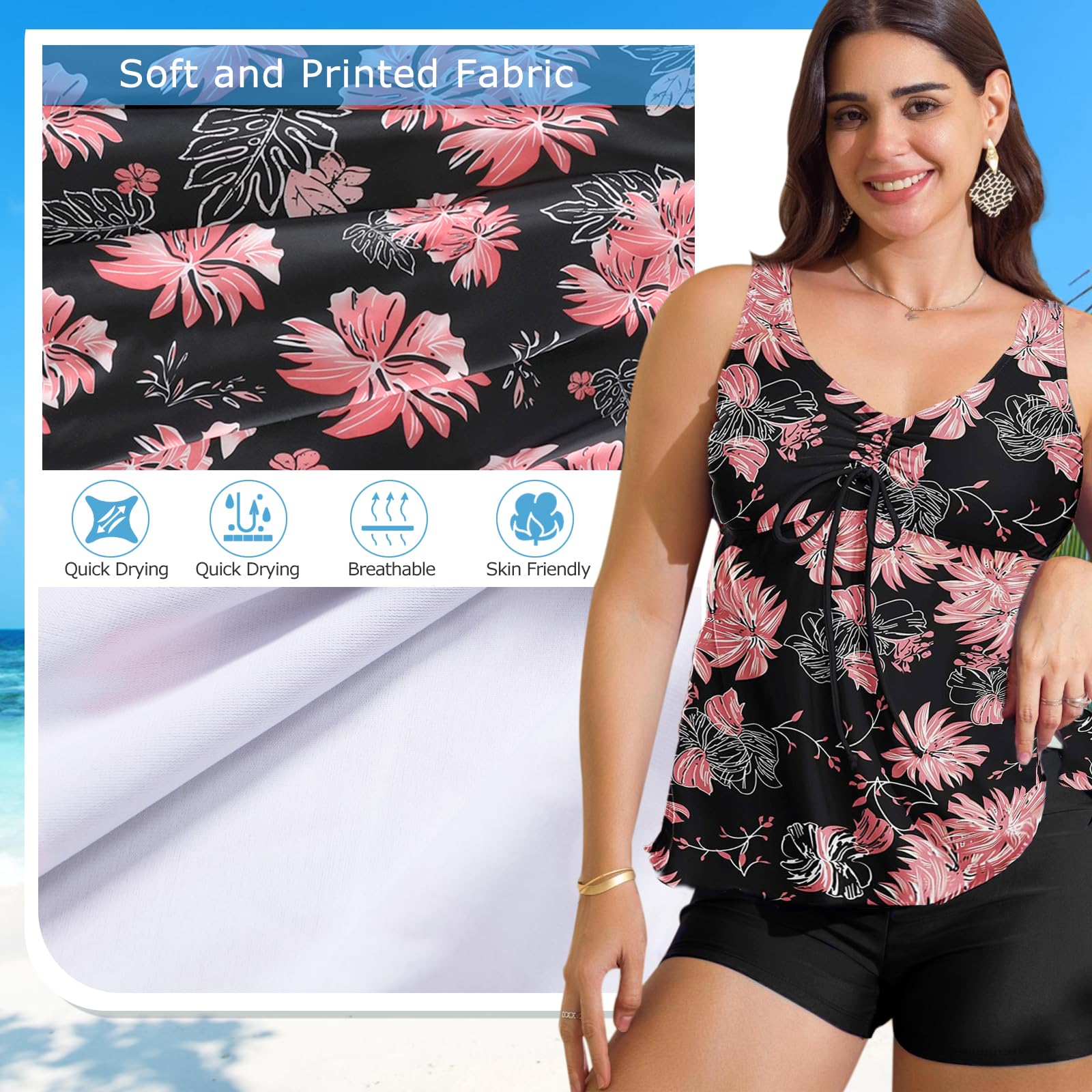 Maillot de Bain Femme 2 Pieces Tankini Imprimé Rembourré Maillot avec Short Débardeur Bikini Beachwear