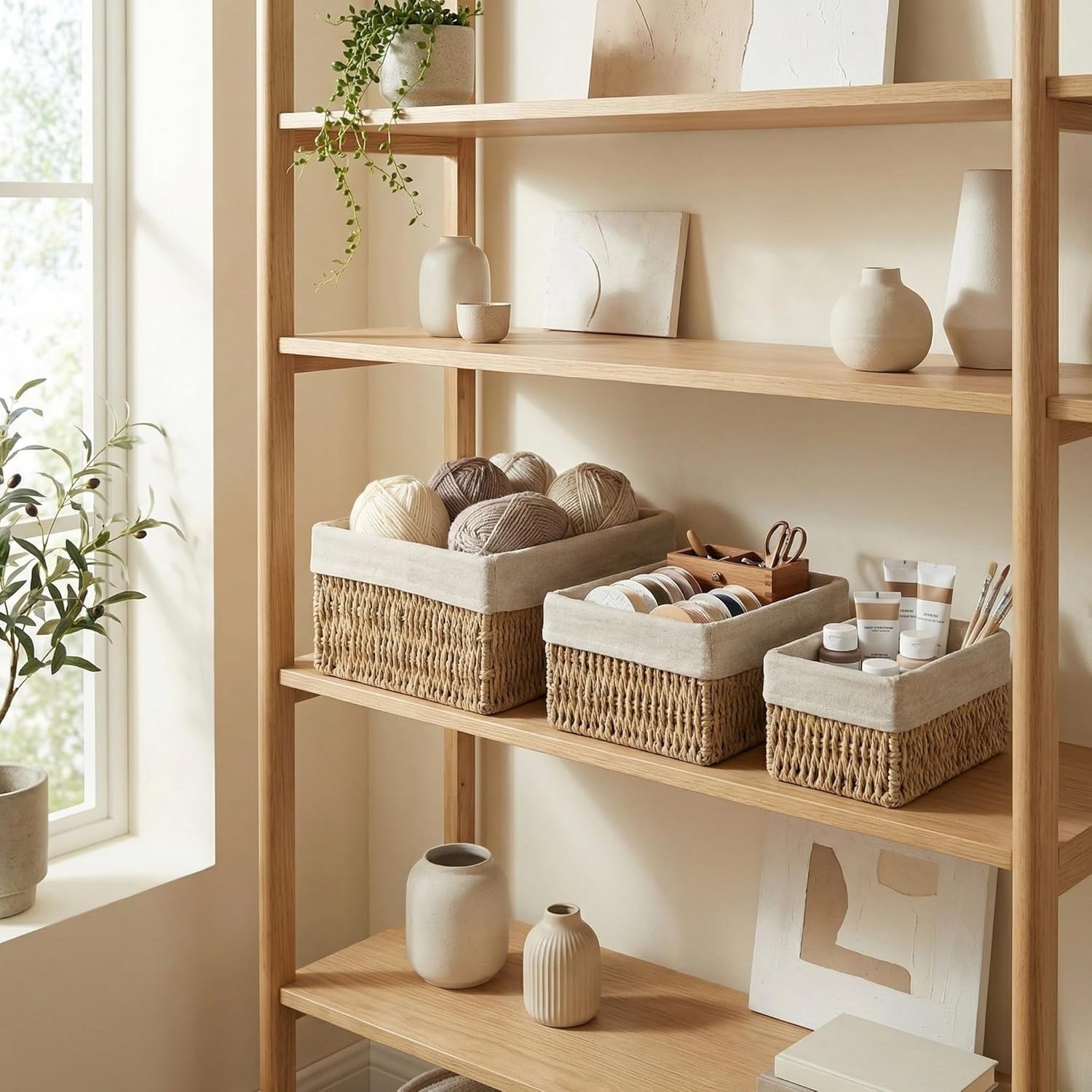 Set of 3 Wicker Storage Baskets for Shelves with Removable Linen Liner, Nesting Woven Organizer Bins for Pantry, Bathroom Counter, Closet, Dresser