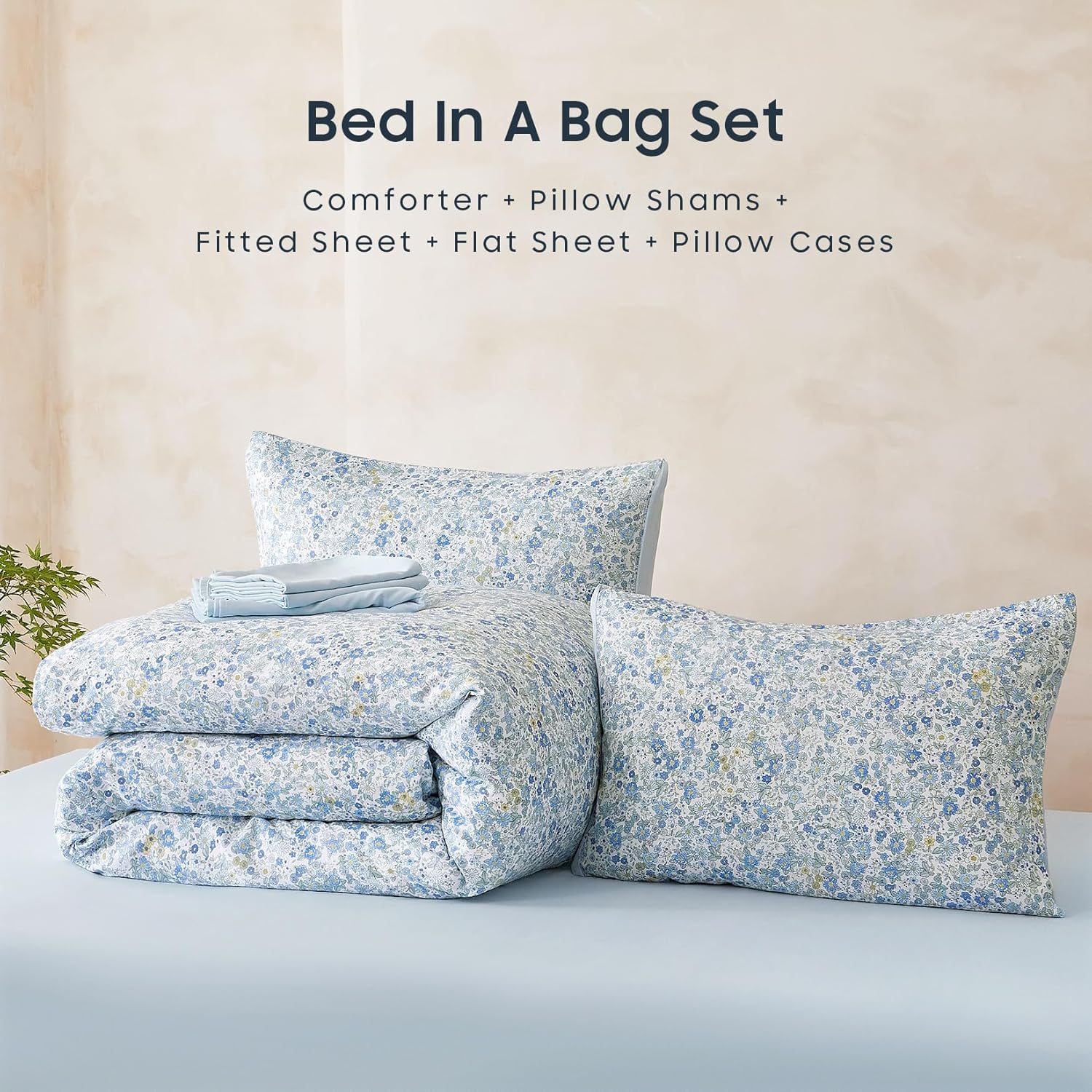 Wake In Cloud - Floral Comforter Set with Sheets, Cute Vintage Flower Cottagecore Aesthetic for Women Teen Girls, 7 Pieces Bed in a Bag, Light Blue, Queen Size