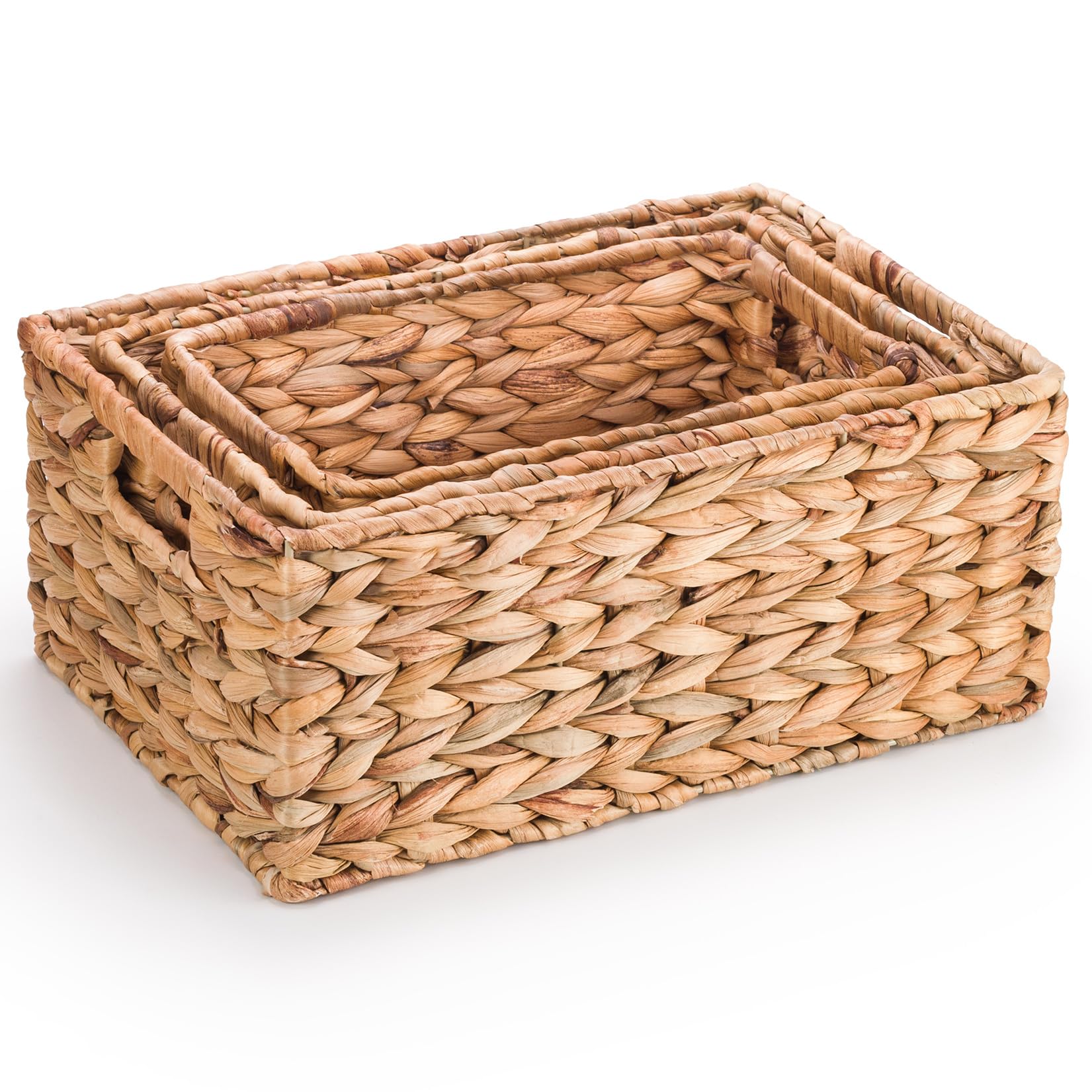 Woodluv Set of 3 Water Hyacinth Handwoven Shelf Storage Gift Hamper Basket - Large, Medium & Small