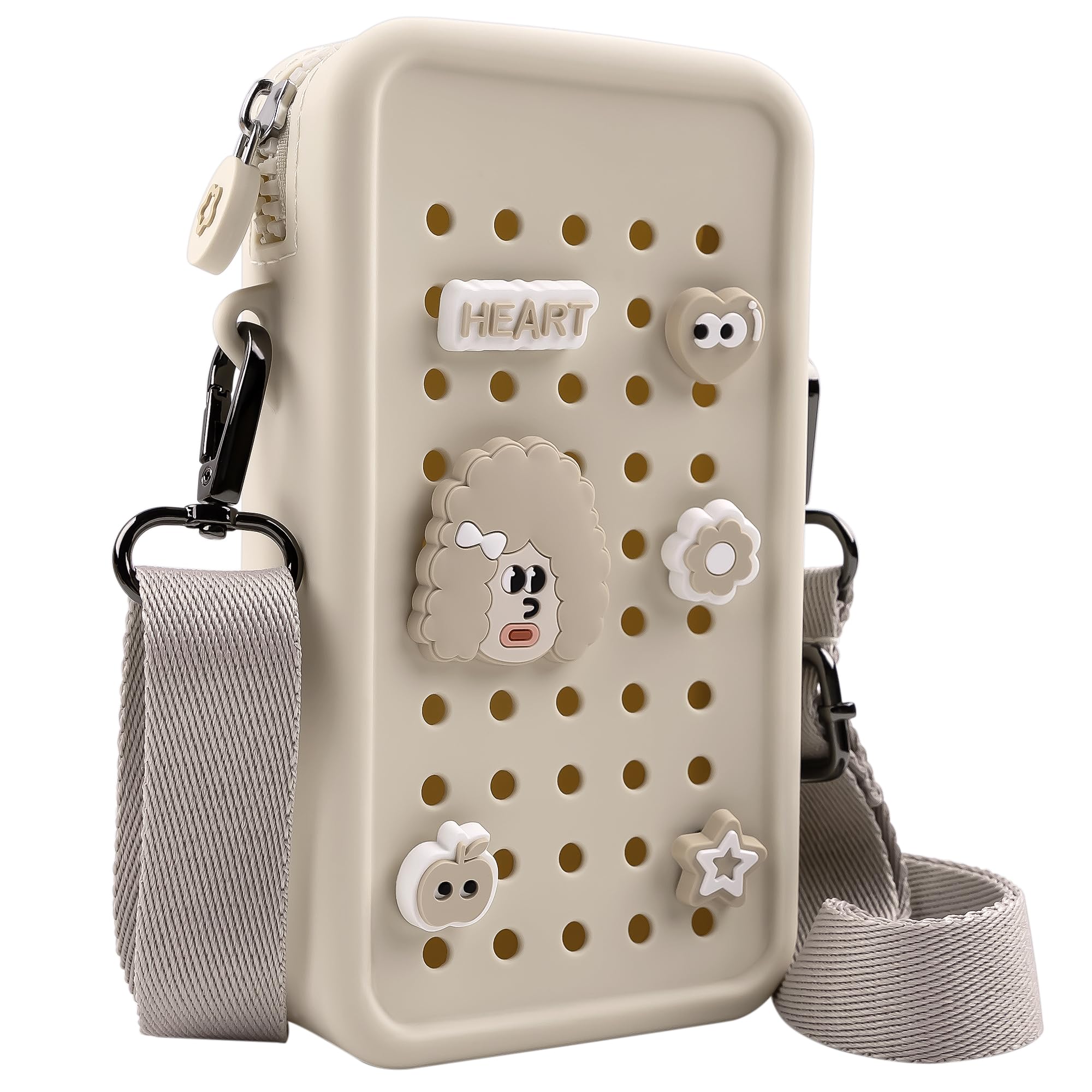 CANDY Small Crossbody Bag with Wide Shoulder Strap and Larger Holes for Charms – Adjustable, Stylish, and Comfortable Everyday Bag (Beige)