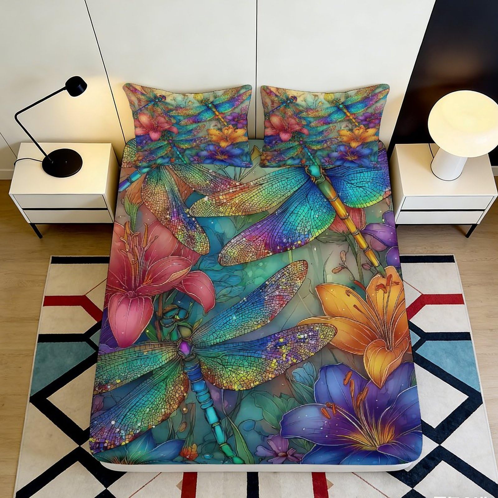 Pnayamiorkfel Style-2 3D Printed Colorful Dragonfly Fitted Sheet Microfiber Floral Bed Cover For Bedroom Dorm Decoration Easy Care 90X200x25cm