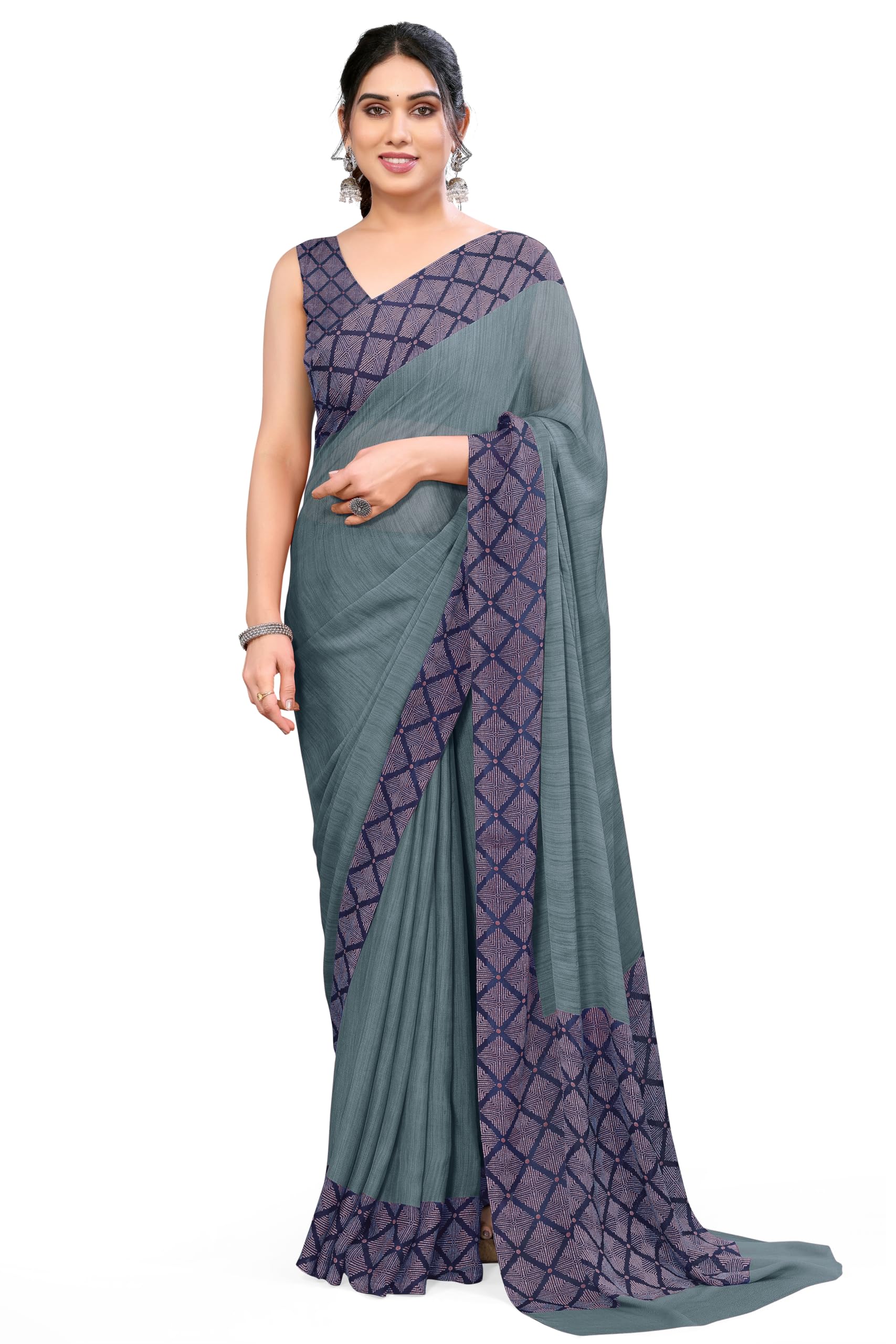 MIRCHI FASHION Ready to Wear 1 Min Drape Saree for Women || Chiffon Checks Border & Pallu Printed Solid Design Sari with Blouse Piece (70022 - Light Dusty Teal, Navy Blue)-image-21