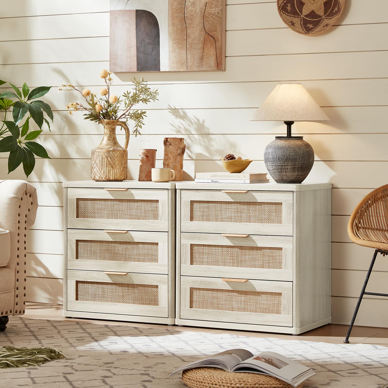 LEYAOYAO Rattan Dresser and Nightstand Sets 3 Piece, Boho Wood Dresser for Bedroom with 6 Drawers and Night Stand with 3 Drawer, Bedroom Furniture, Dressers & Chests of Drawers, Living Room