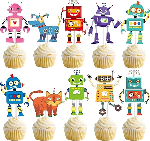 36 piezas de robot para cupcakes, decoración de robot para tartas para robot, decoración de fiesta de cumpleaños, cumpleaños para niños, suministros