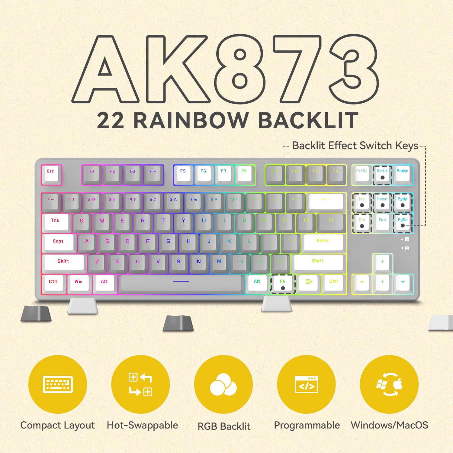 AJAZZ AK873-75% Teclado para juegos con cable USB C en espiral, interruptor rojo, teclado mecánico, LIGHTSYNC RGB TKL, 80% compacto, 87 teclas, cubierta superior magnética desmontable para PC/Mac,