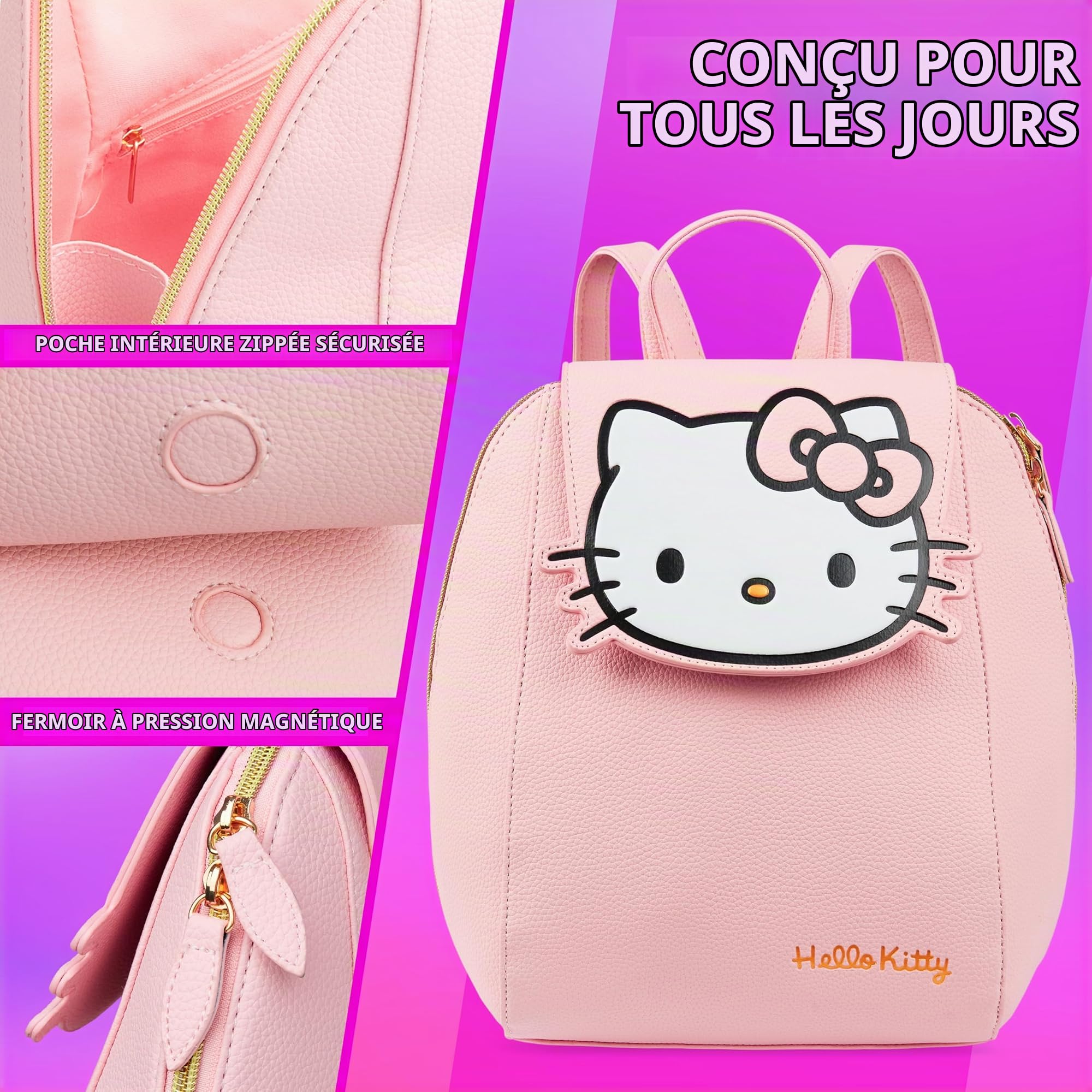 Get Trend Hello Kitty Sanrio Sac à Dos Femme et Ado, Sac Kawaii Mode en Similicuir PU, pour Travail, Voyage ou Loisirs, Cadeau Original (Rose Hello Kitty)