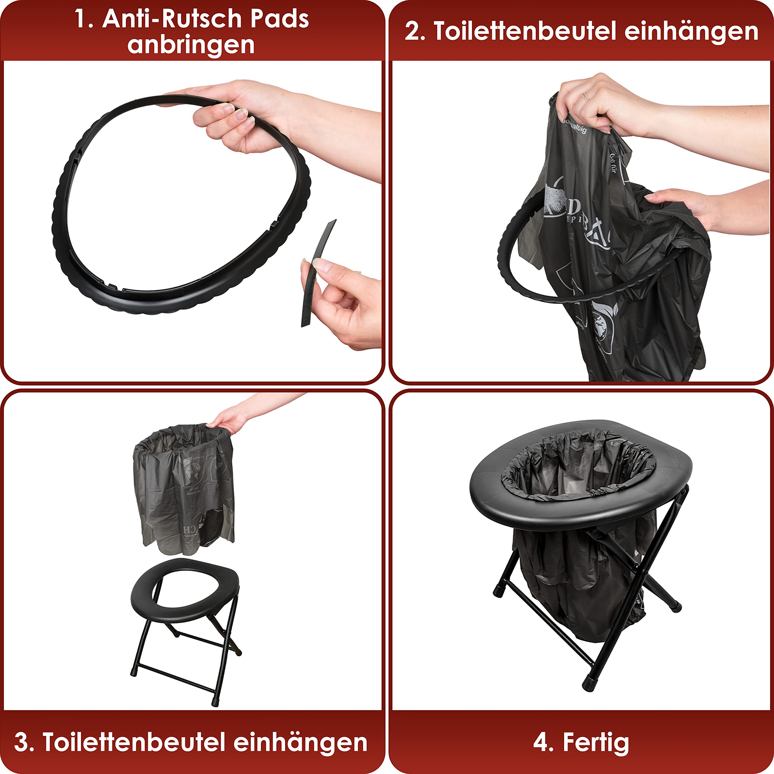Weidebach® stabile Campingtoilette mit geringem Gewicht, einfach transportierbare Klapptoilette inkl. 22 Beutel, Mobile Toilette ideal für Camping, Motorradausflüge, Campingtoilette faltbar