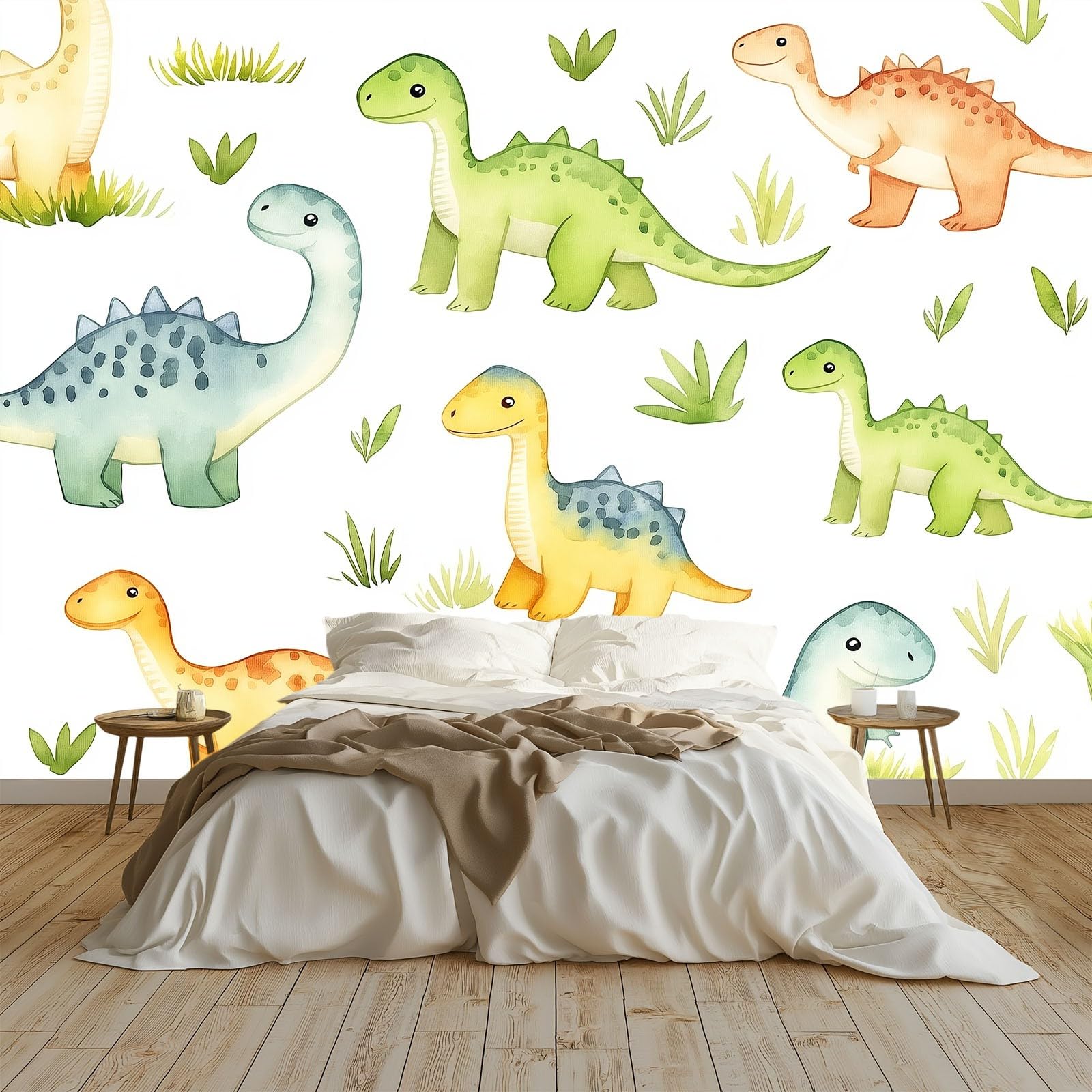 Urocze zwierzęta, dinozaury, łąki, flizelina, fototapeta, biała, 300 x 210 cm, dekoracyjny mural ścienny, plakat do sypialni dziecięcej, salonu lub telewizora, pokrycie ścian