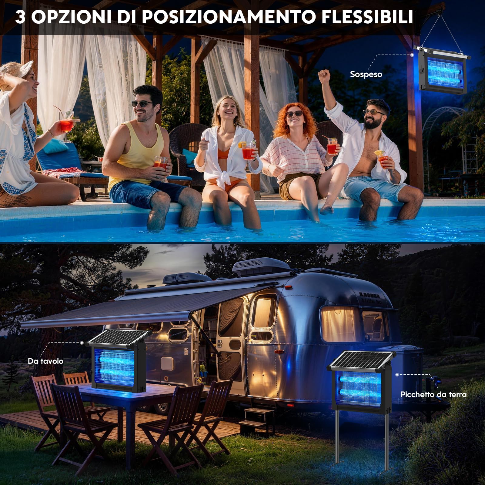 Lámpara Antimosquitos Solar de Exterior, Mata Mosquitos Eléctrico 4500V, Impermeable IPX5, Recargable USB-C, Batería de 4000mAh, Sin Cables con Estaca para Jardín, Césped