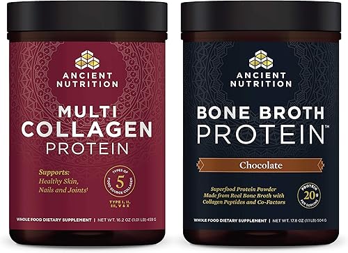 Ancient Nutrition Paquete de proteína de colágeno múltiple + caldo de hueso de chocolate