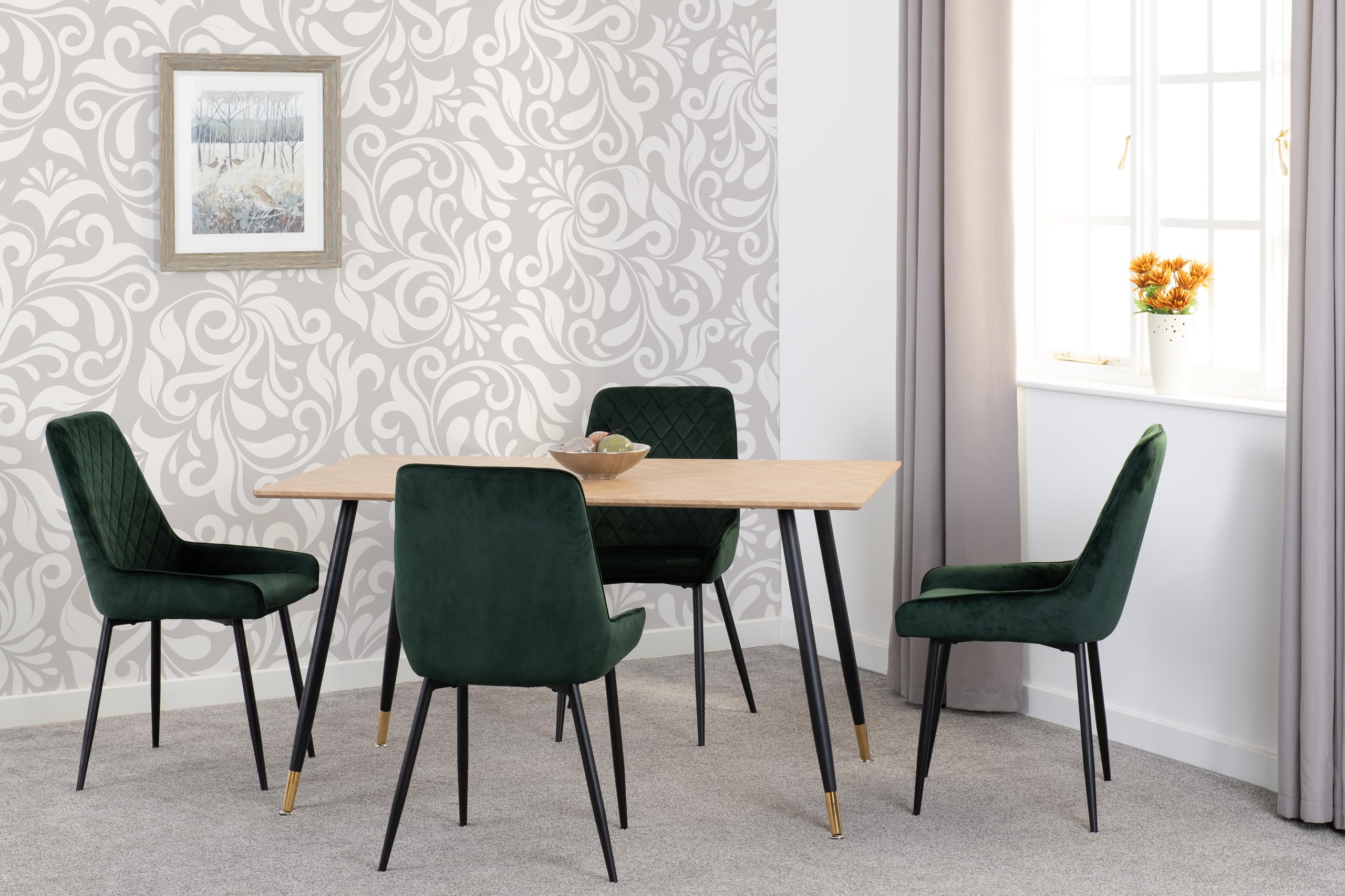 Seconique Hamilton 140cm Dining Table with 4 Avery Green Velvet Dining Chairs