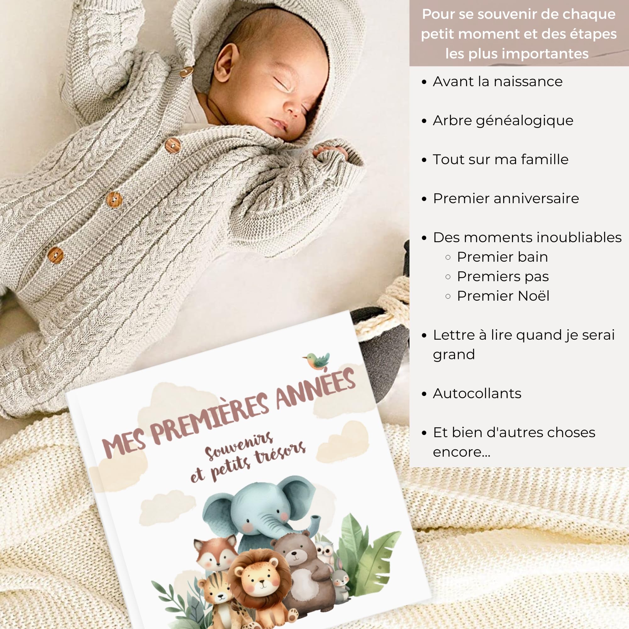 HuBorns - Livre de Naissance Bébé pour Coller des Photos et Écrire avec +50 Pages et Autocollants, Album Photo Bebe de Première Année jusqu'à ses 5, Idéal comme Cadeau Naissance (Amis, Français) - 3