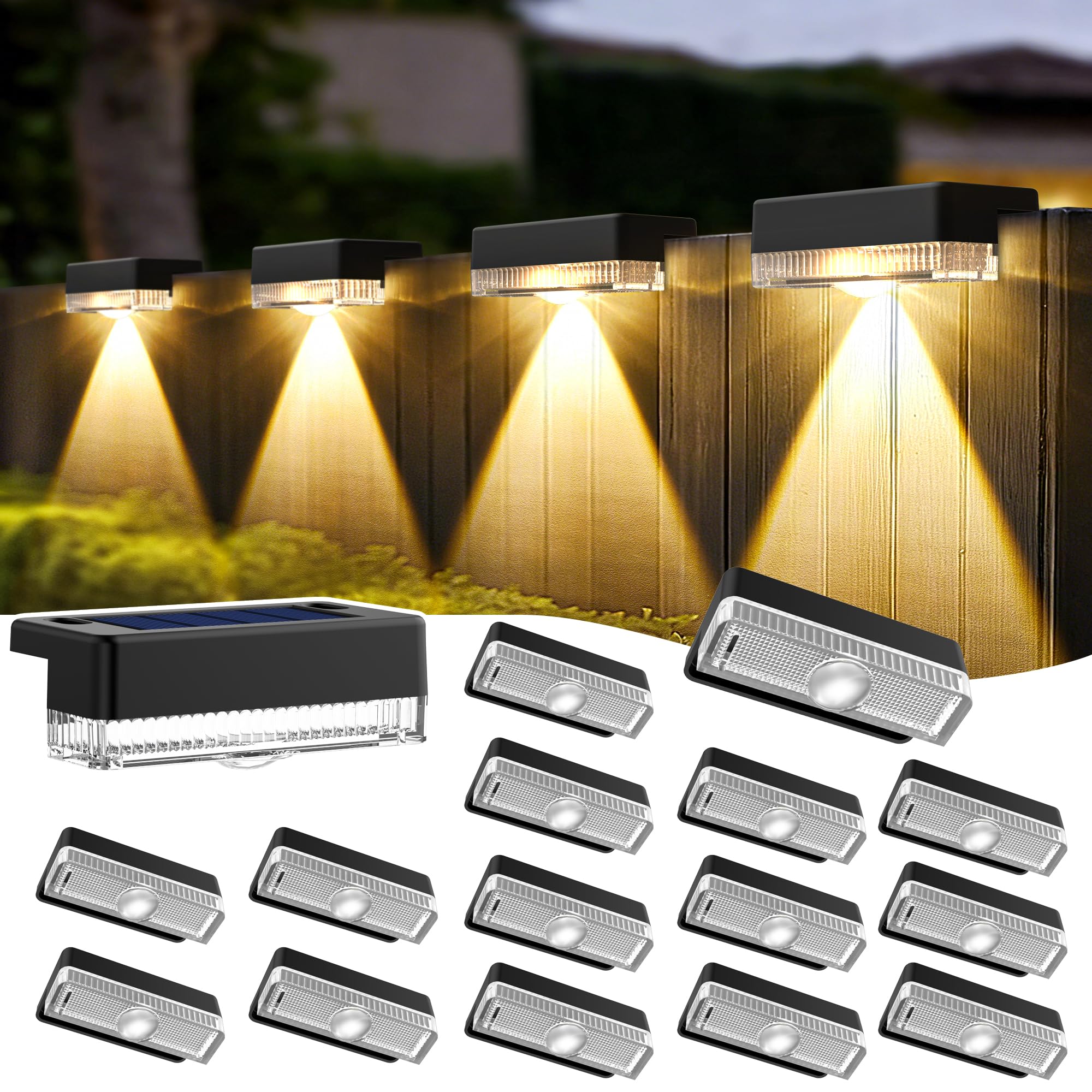 Solpex Solar Fence Lights Outdoor Garden,16 Pack Solar Powered Deck Lights Outdoor Waterproof for Stairs,Backyard,Patio,Railing,Step(Warm White
